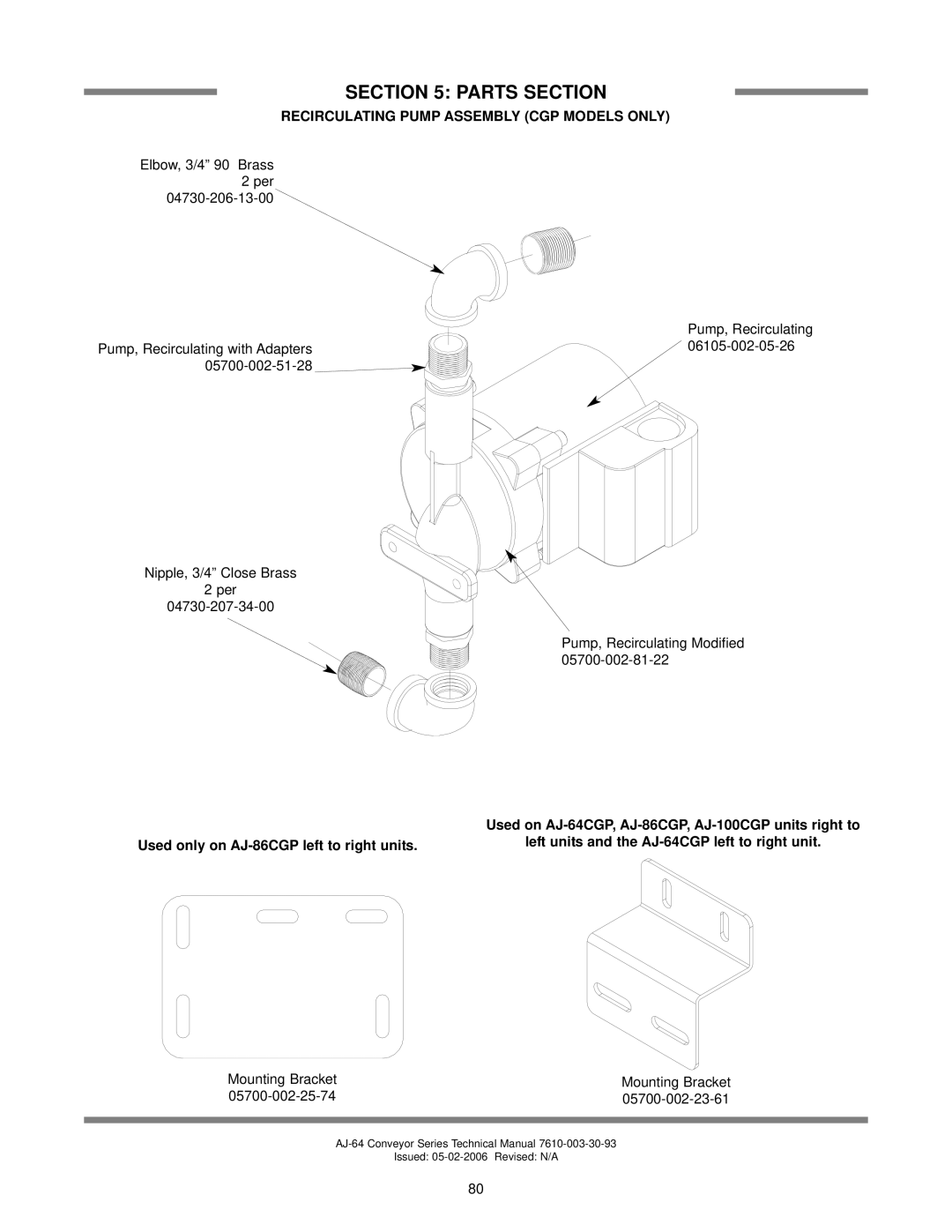 Jackson manual Recirculating Pump Assembly CGP Models only, Used on AJ-64CGP, AJ-86CGP, AJ-100CGP units right to 