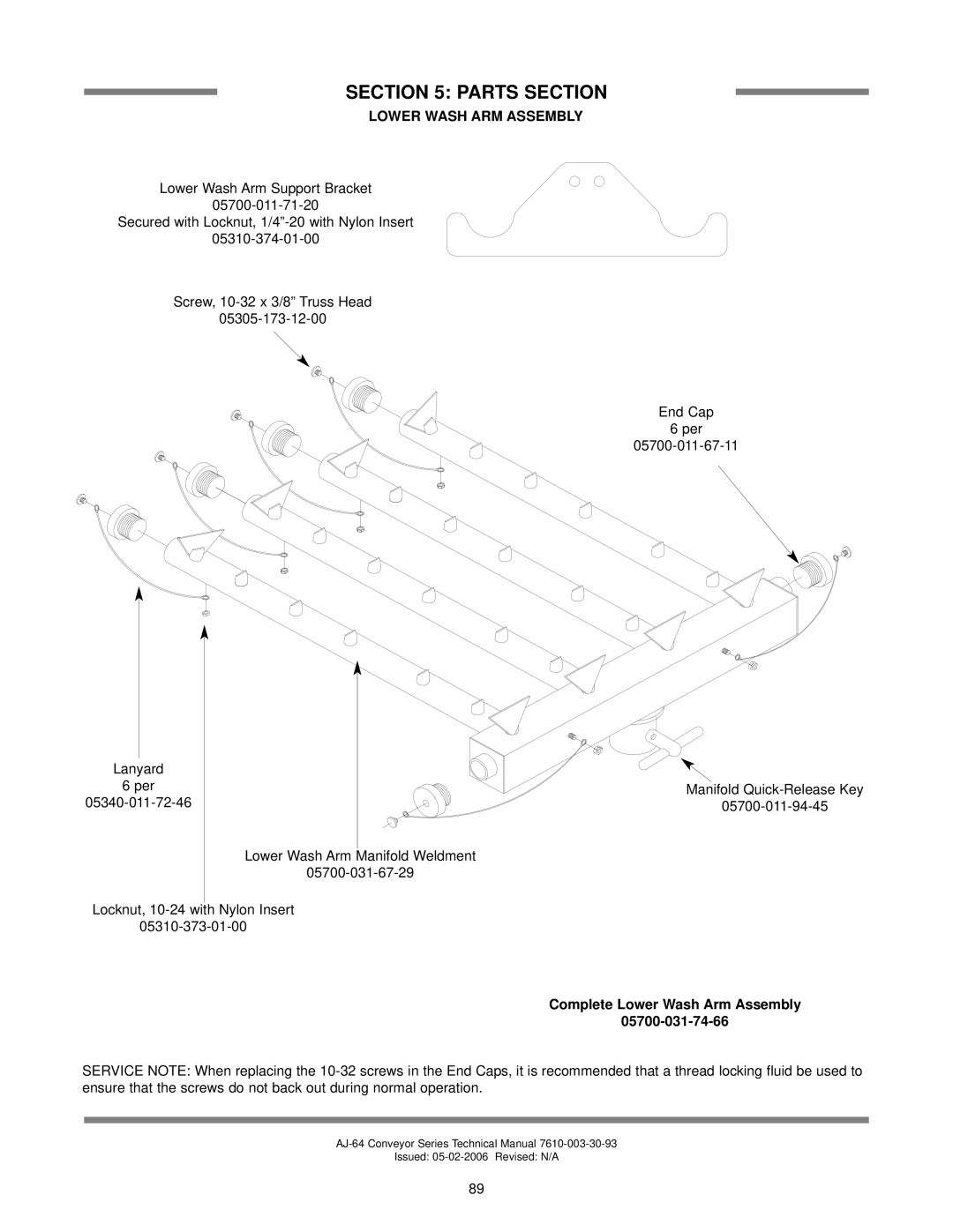 Jackson AJ-100 manual Lower Wash ARM Assembly, Complete Lower Wash Arm Assembly 05700-031-74-66 