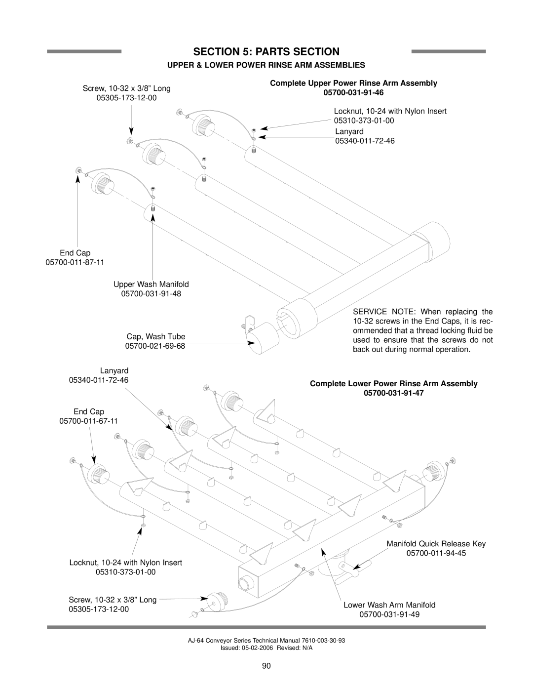 Jackson AJ-100 manual Upper & Lower Power Rinse ARM Assemblies, Complete Upper Power Rinse Arm Assembly, 05700-031-91-46 