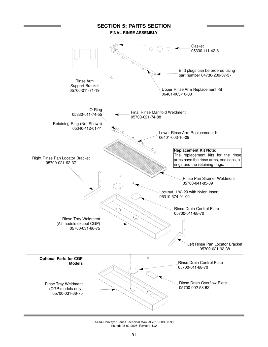 Jackson AJ-100 manual Final Rinse Assembly, Optional Parts for CGP 