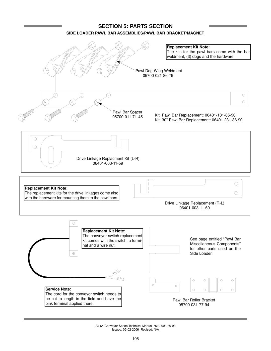 Jackson AJ-100 manual Side Loader Pawl BAR ASSEMBLIES/PAWL BAR BRACKET/MAGNET, Replacement Kit Note 