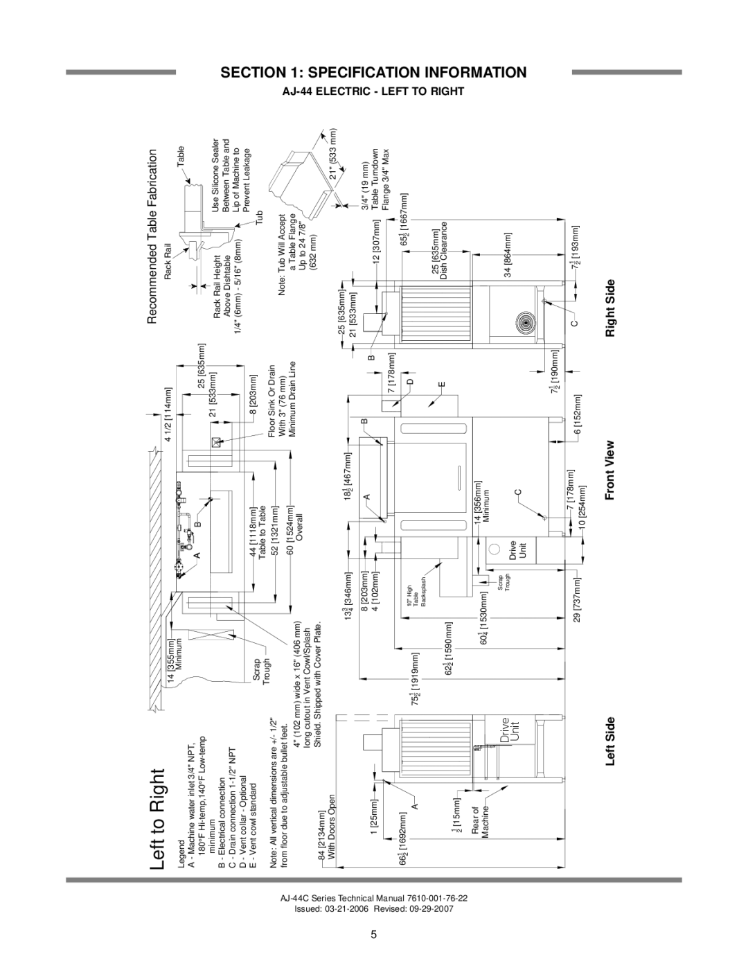 Jackson technical manual Specification Information AJ-44 Electric Left to Right 