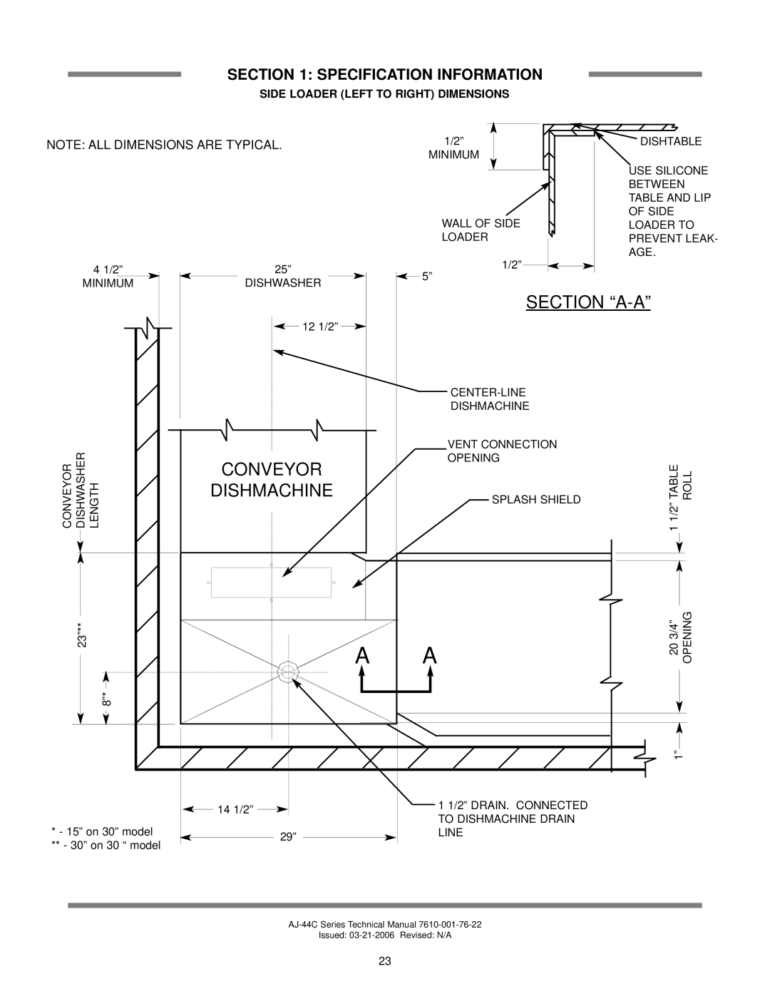 Jackson AJ-44 technical manual Section A-A, Side Loader Left to Right Dimensions 