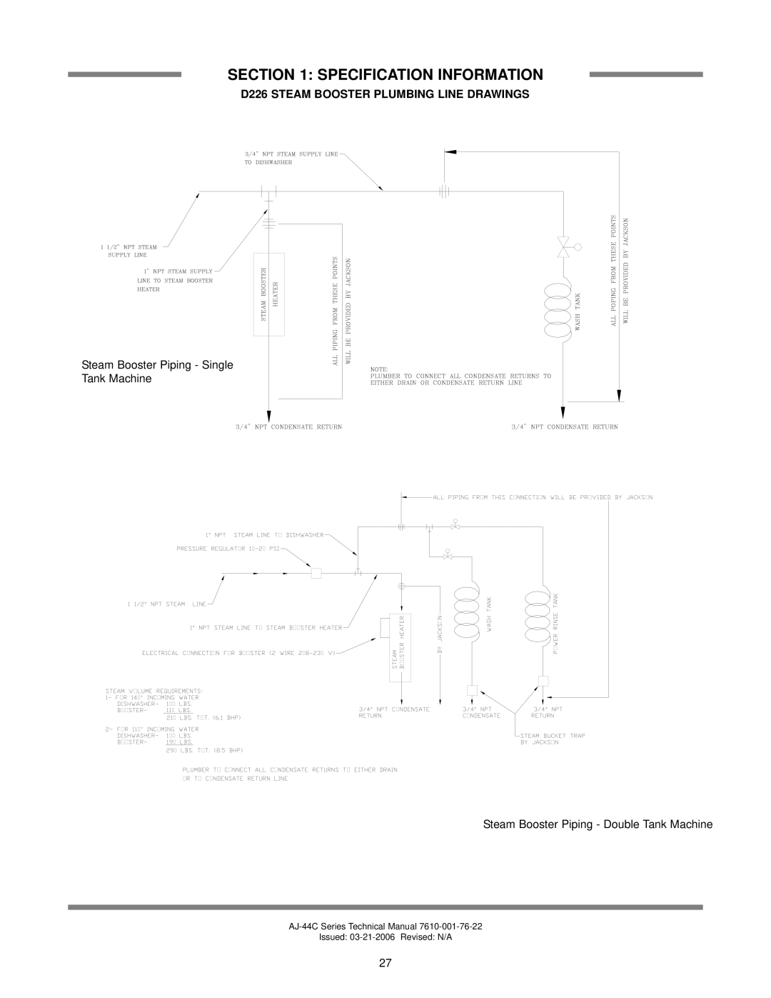 Jackson AJ-44 technical manual D226 Steam Booster Plumbing Line Drawings 