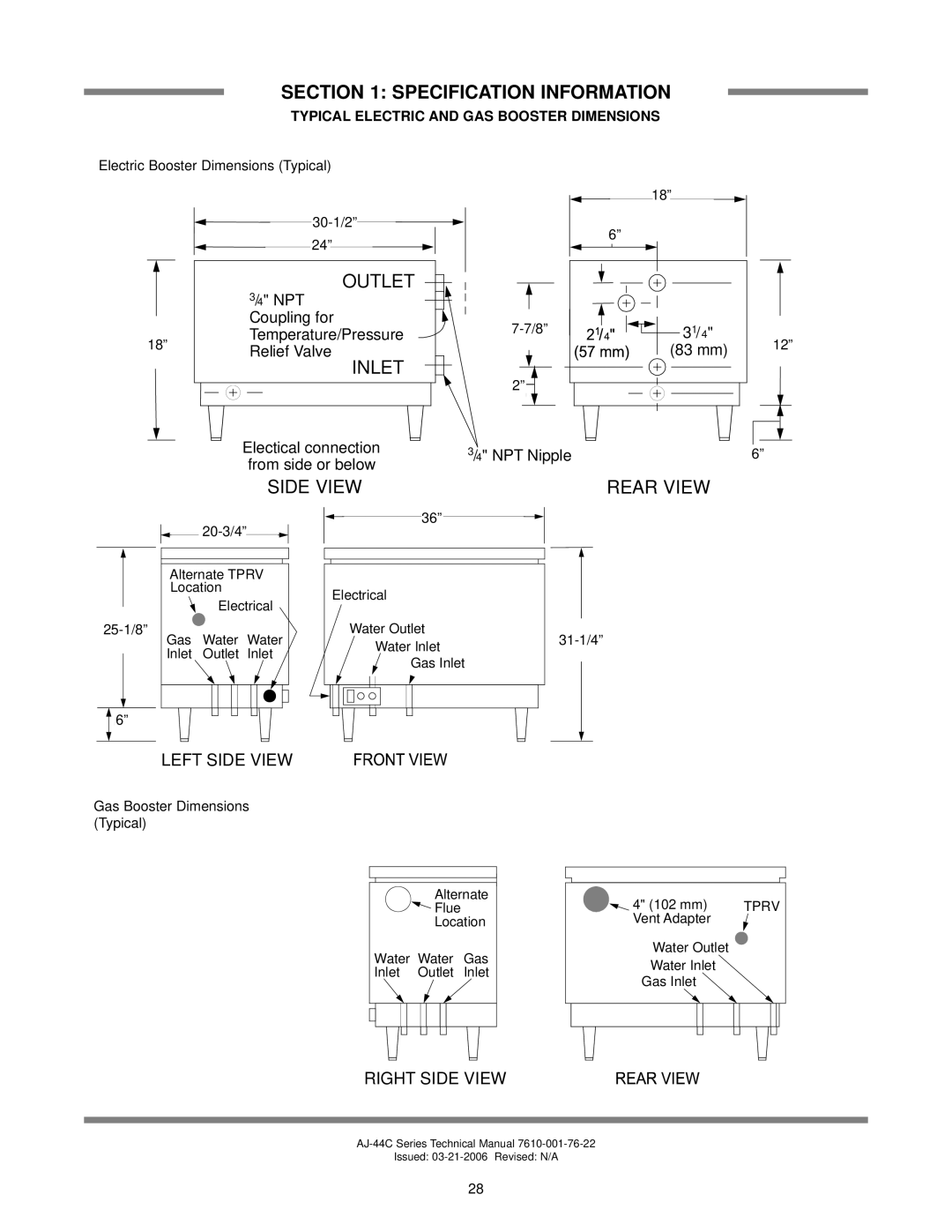 Jackson AJ-44 technical manual Rear View, Typical Electric and GAS Booster Dimensions 