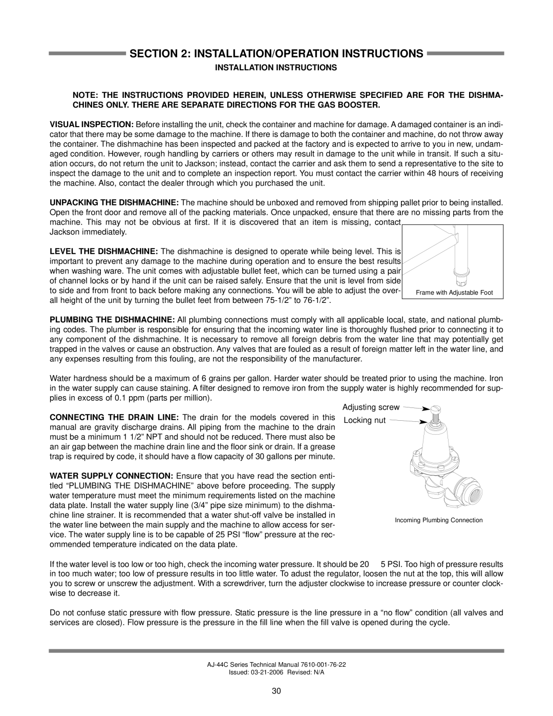 Jackson AJ-44 technical manual INSTALLATION/OPERATION Instructions, Installation Instructions 