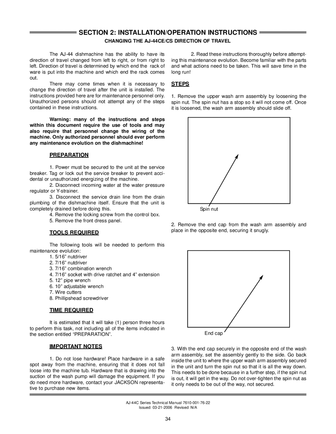 Jackson technical manual Preparation, Changing the AJ-44CE/CS Direction of Travel 