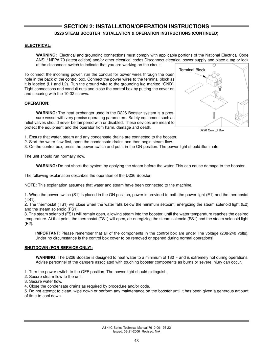 Jackson AJ-44 technical manual Operation, Shutdown for Service only 