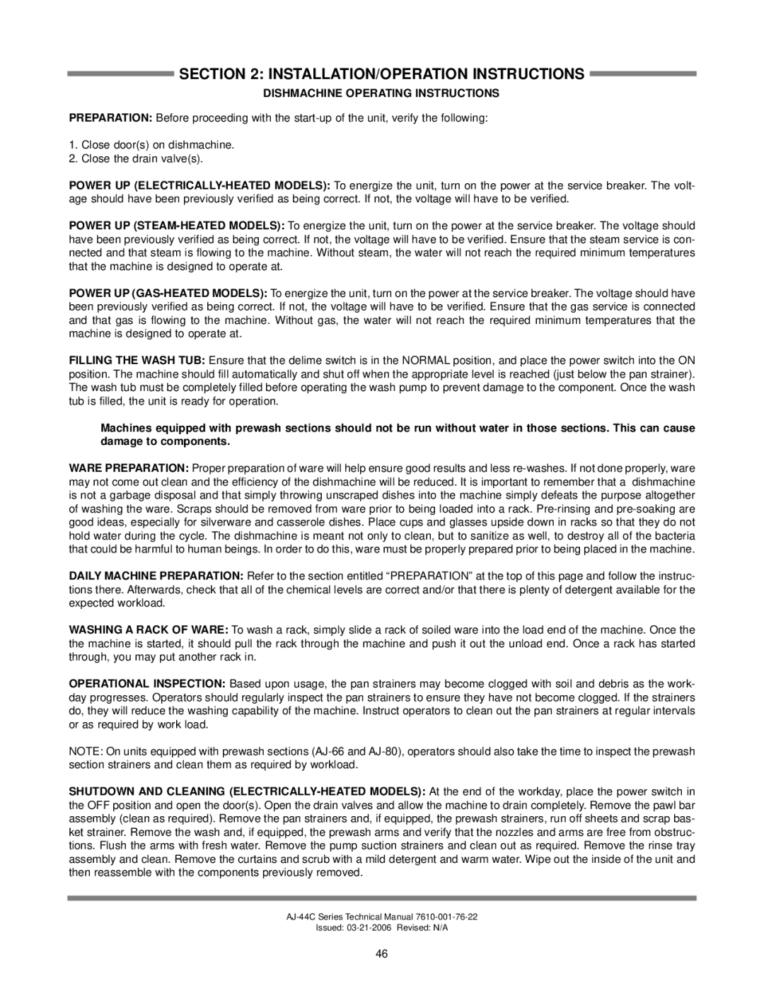 Jackson AJ-44 technical manual Dishmachine Operating Instructions 