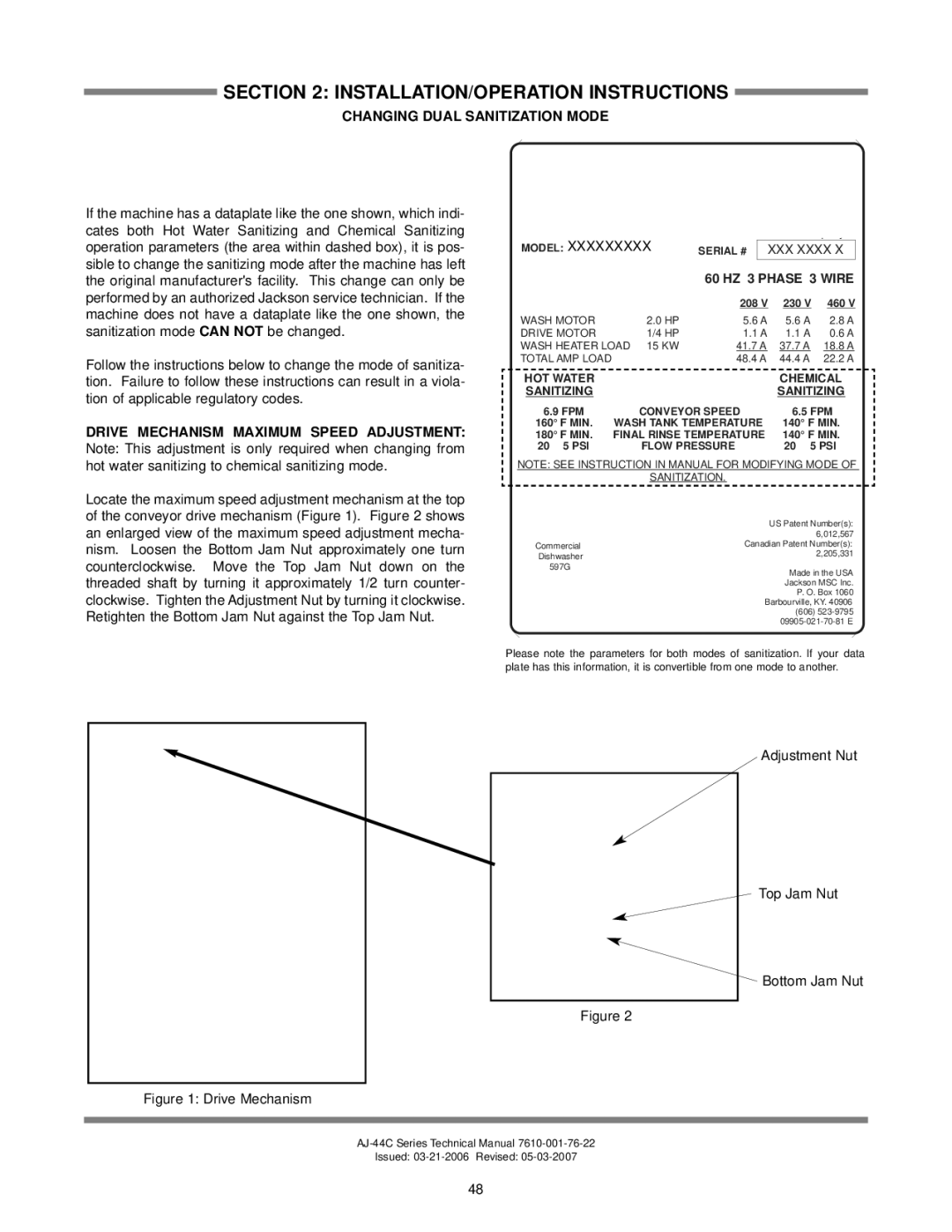 Jackson AJ-44 technical manual Changing Dual Sanitization Mode, Drive Mechanism Maximum Speed Adjustment 