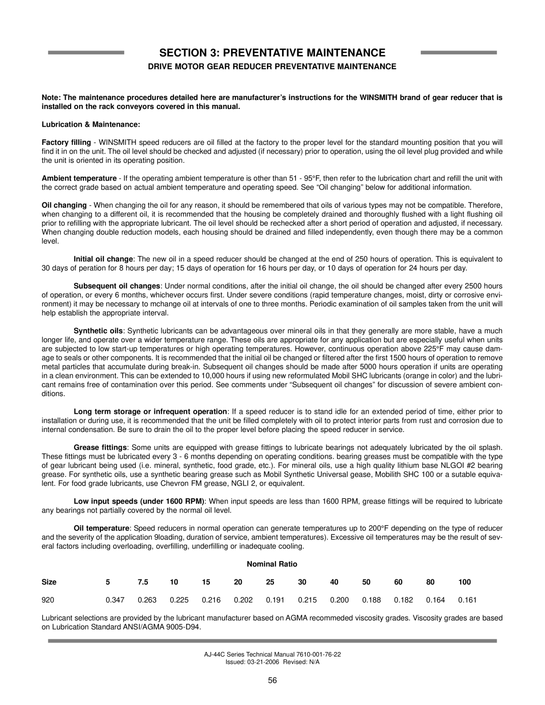 Jackson AJ-44 technical manual Drive Motor Gear Reducer Preventative Maintenance, Lubrication & Maintenance 