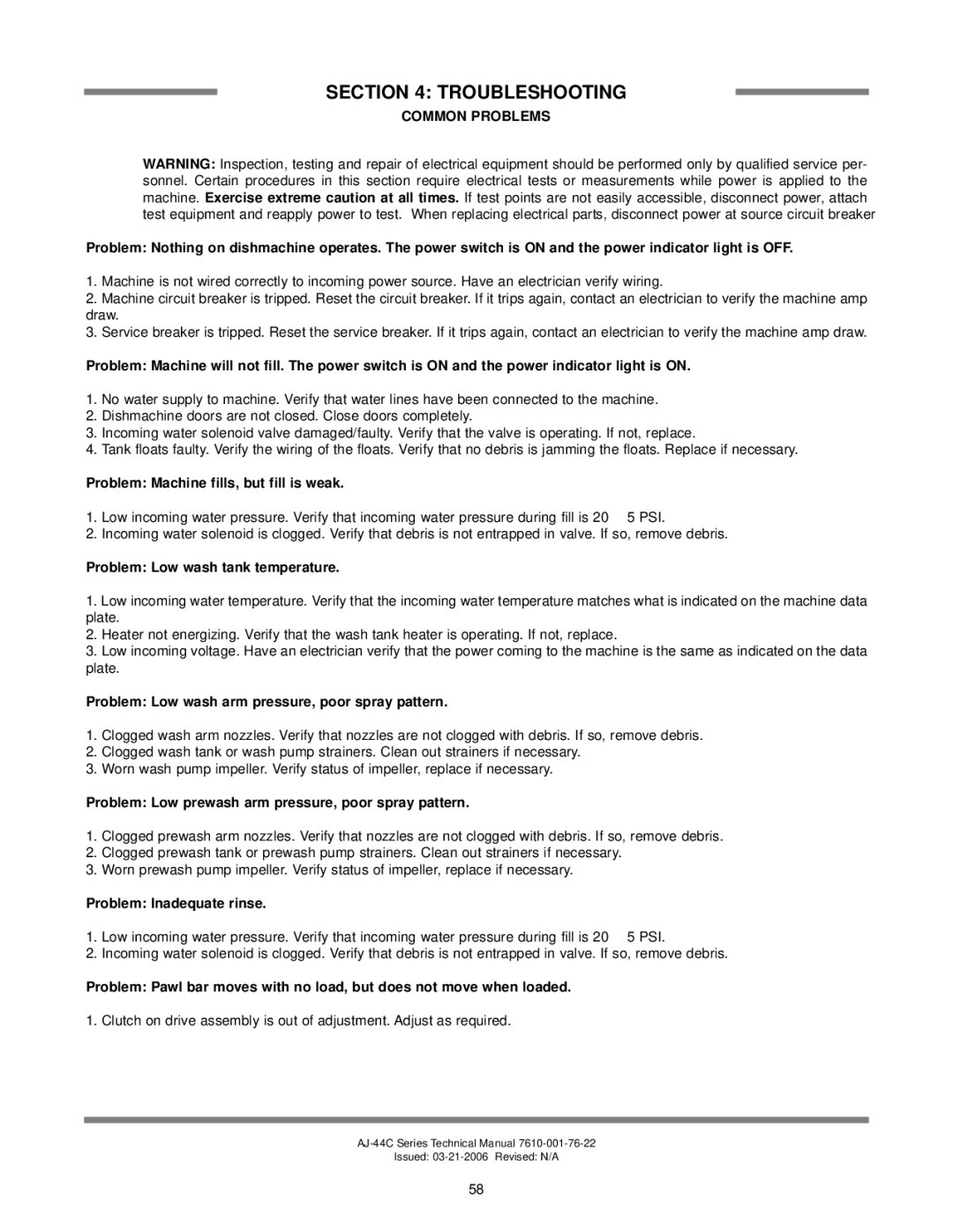 Jackson AJ-44 technical manual Troubleshooting, Common Problems 