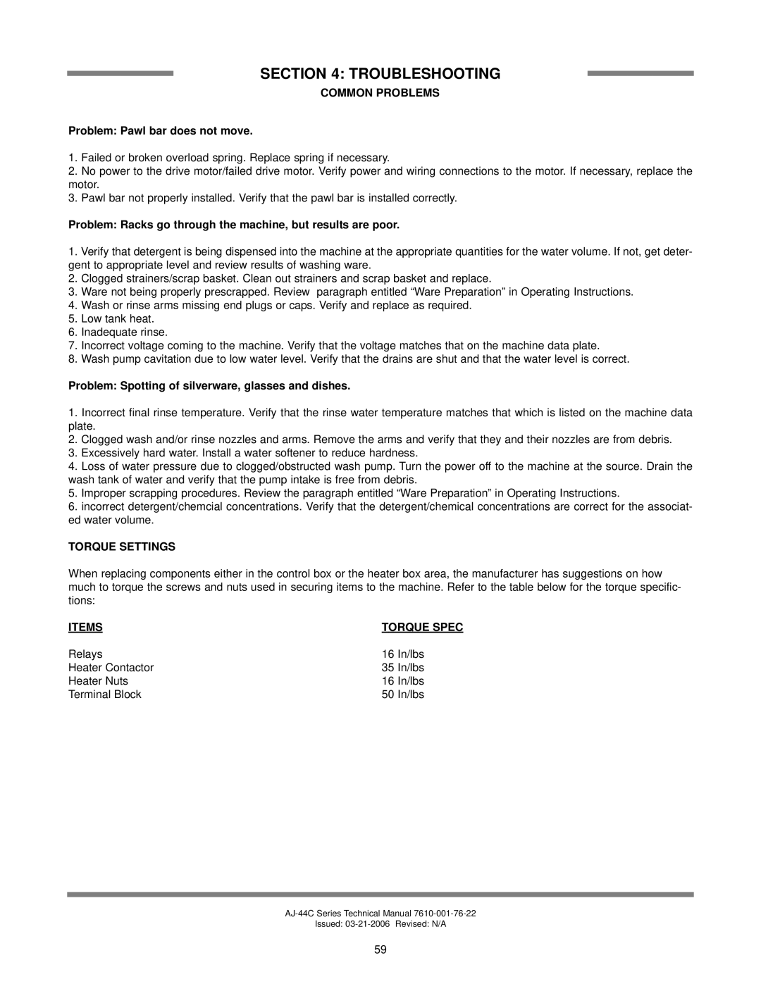 Jackson AJ-44 technical manual Torque Settings, Items Torque Spec 