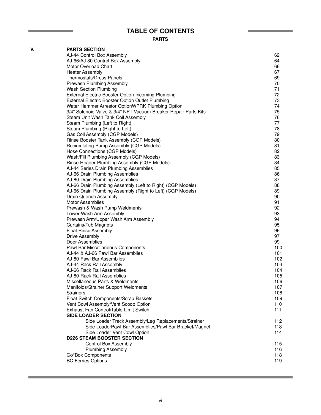 Jackson AJ-44 technical manual Parts Parts Section, Side Loader Section, D226 Steam Booster Section 