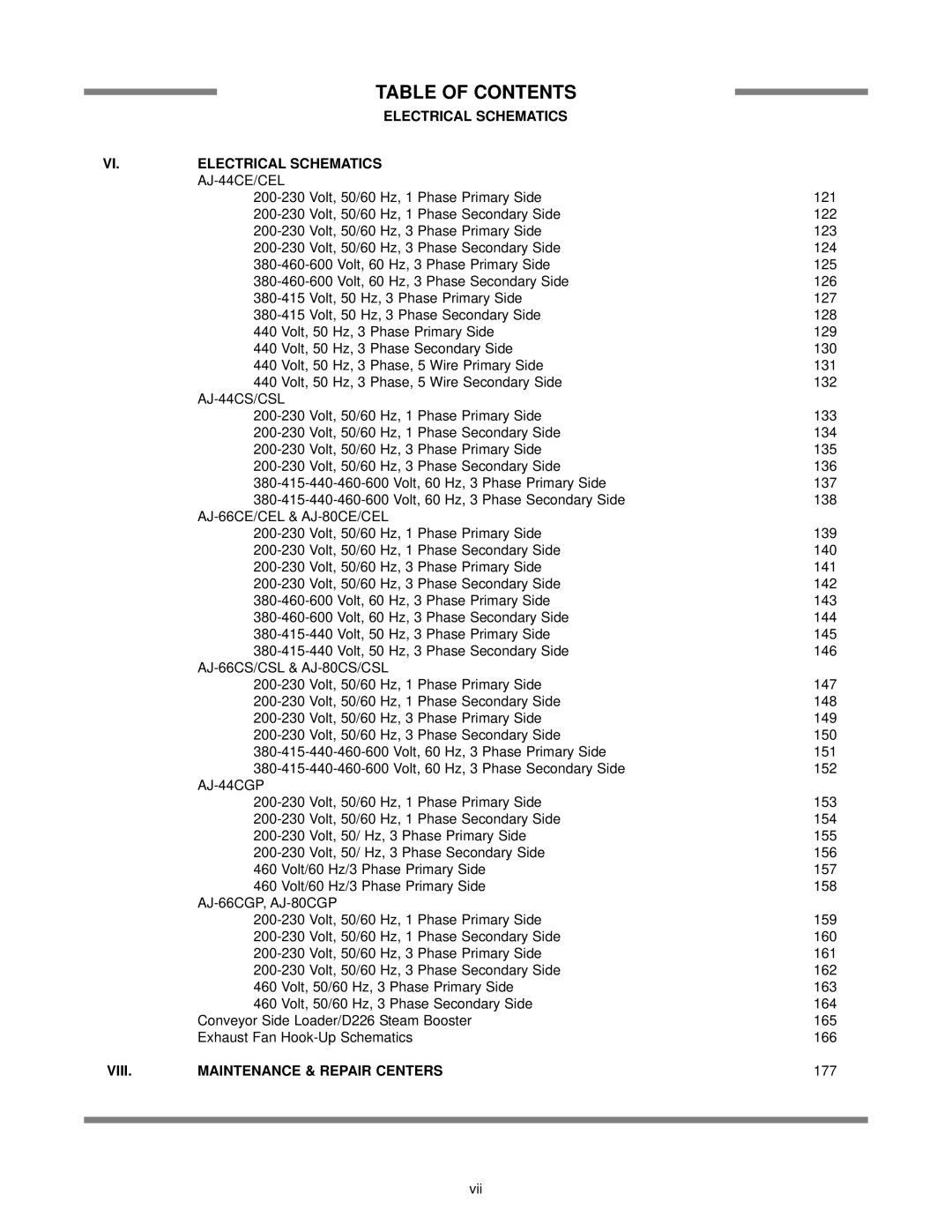 Jackson AJ-44 technical manual Electrical Schematics, Viii Maintenance & Repair Centers 