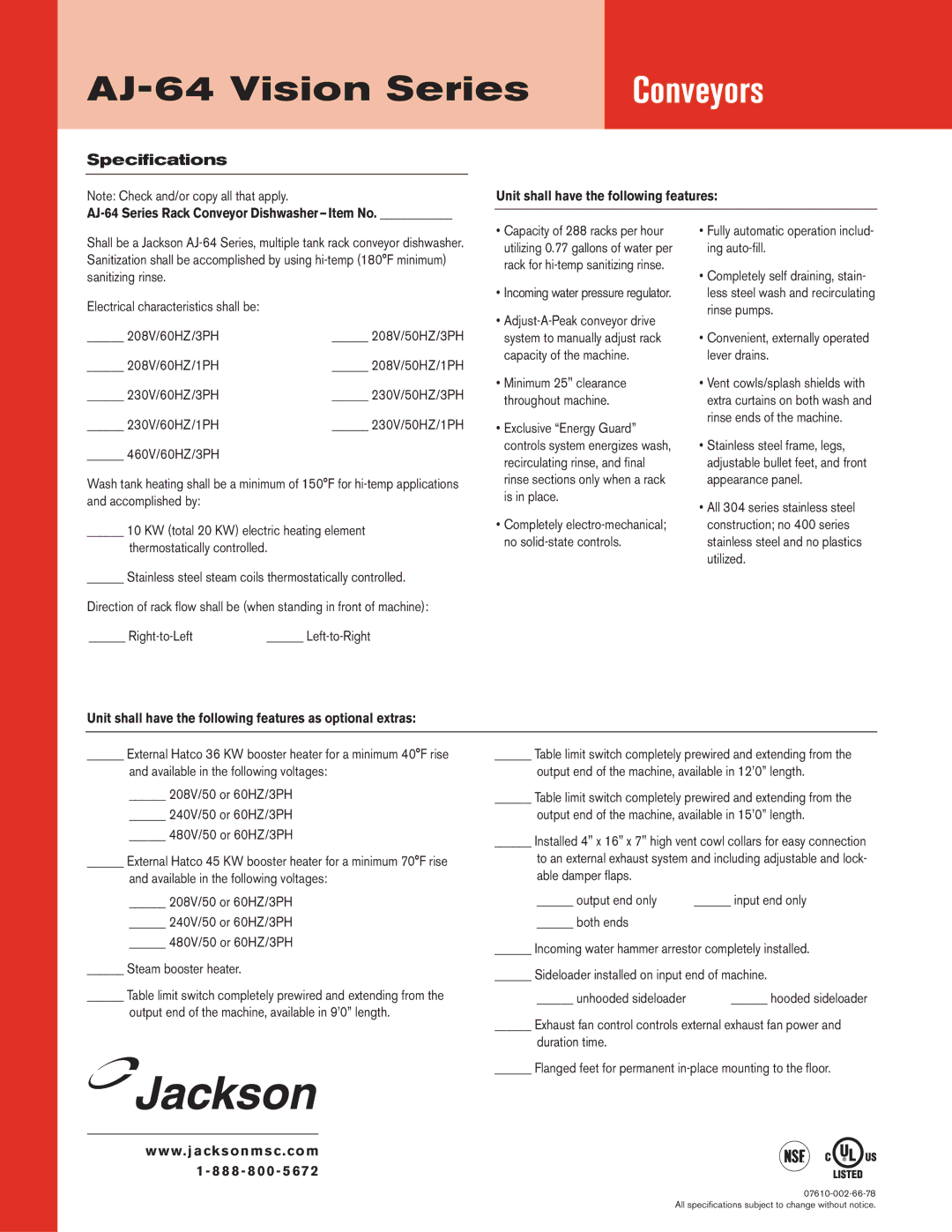 Jackson AJ-64 dimensions Unit shall have the following features as optional extras 