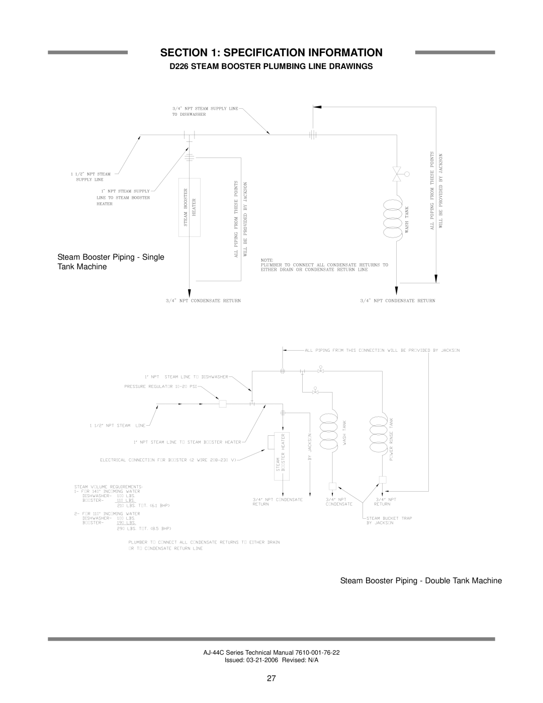 Jackson AJ-66CEL, AJ-80CEL, AJ-66CSL, AJ-66CGP, AJ-44CSL, AJ-80CSL, AJ-44CGP D226 Steam Booster Plumbing Line Drawings 