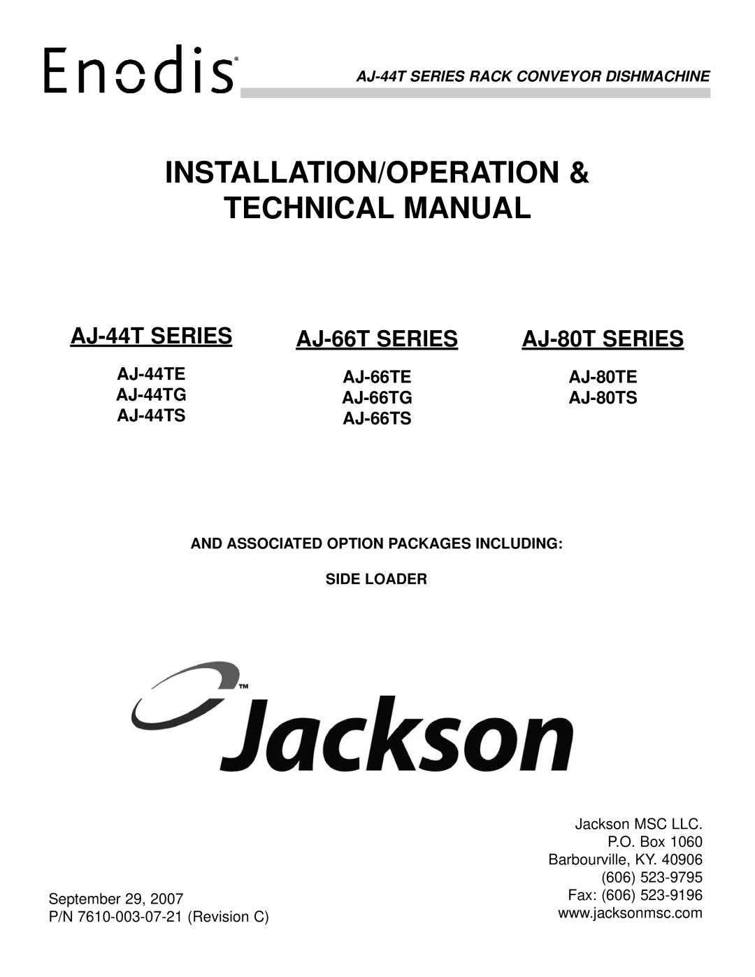 Jackson AJ-66TG technical manual INSTALLATION/OPERATION Technical Manual, Associated Option Packages Including Side Loader 