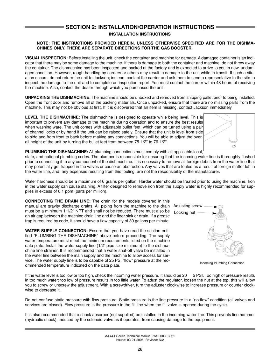 Jackson AJ-66TE, AJ-80TE, AJ-66TG, AJ-44TG, AJ-66TS, AJ-44TE INSTALLATION/OPERATION Instructions, Installation Instructions 