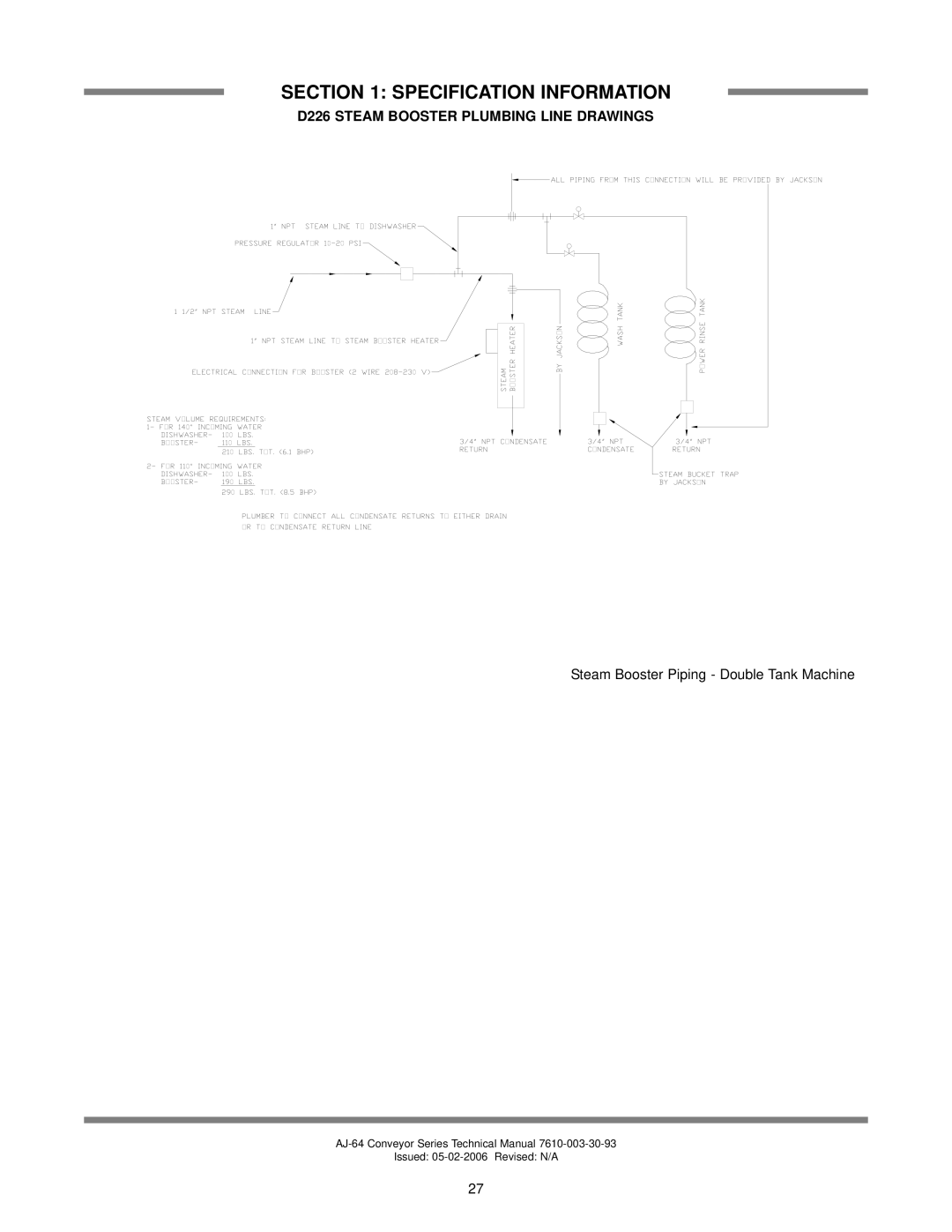 Jackson AJ-86CS, AJ-86CGP, AJ-64CS, AJ-64CE, aj-86ce, AJ-100CS, AJ-100CGP, AJ-100CE D226 Steam Booster Plumbing Line Drawings 