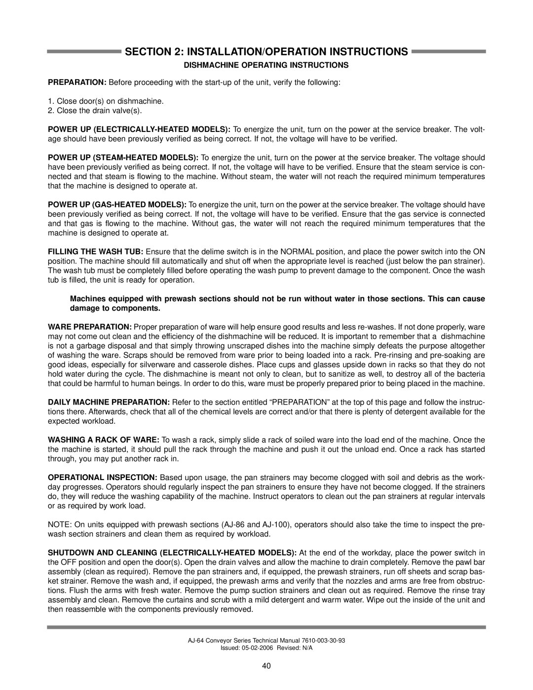 Jackson AJ-86CGP, AJ-64CS, AJ-64CE, AJ-86CS, aj-86ce, AJ-100CS, AJ-100CGP, AJ-100CE Dishmachine Operating Instructions 