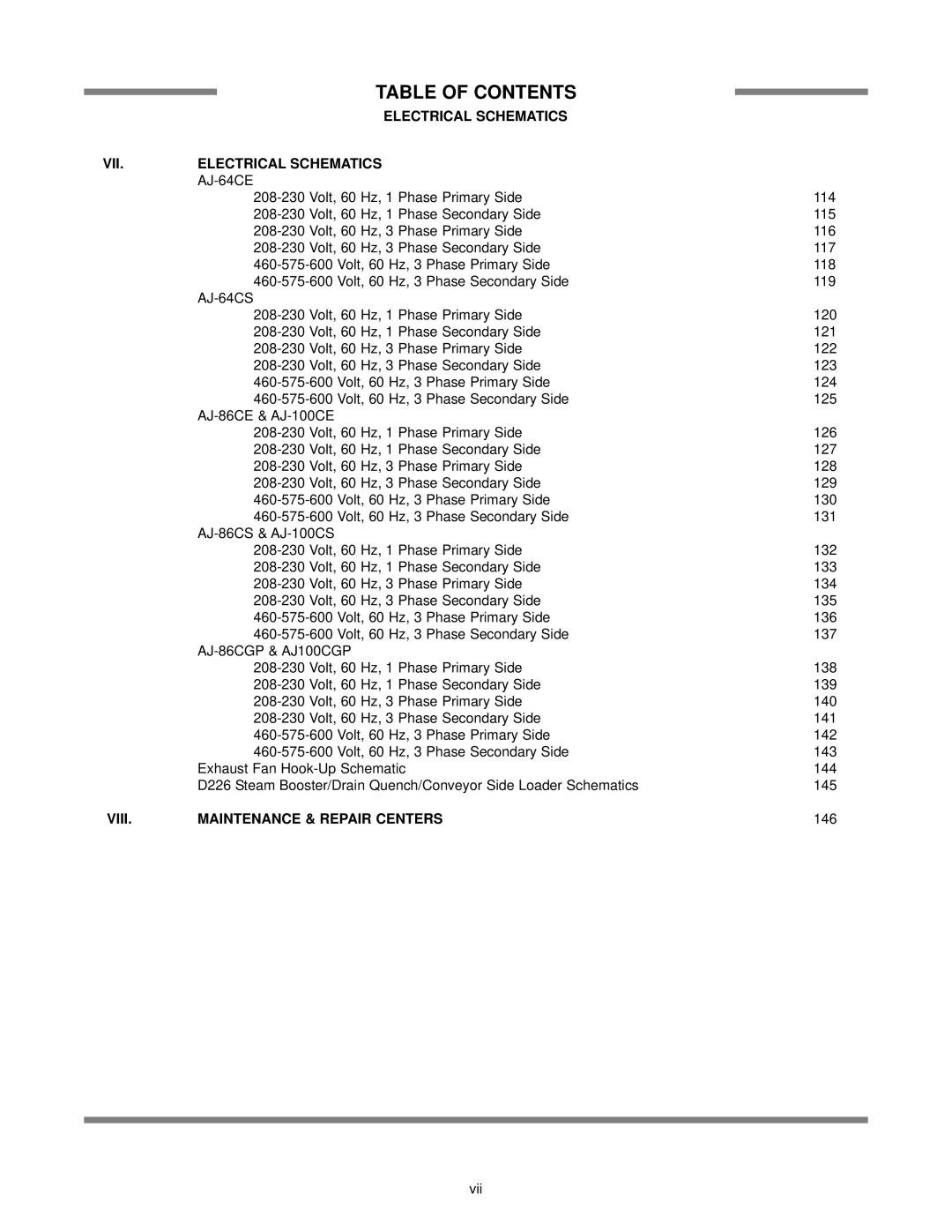 Jackson AJ-86CGP, AJ-64CS, AJ-64CE, AJ-86CS, aj-86ce, AJ-100CS Electrical Schematics VII, Viii Maintenance & Repair Centers 