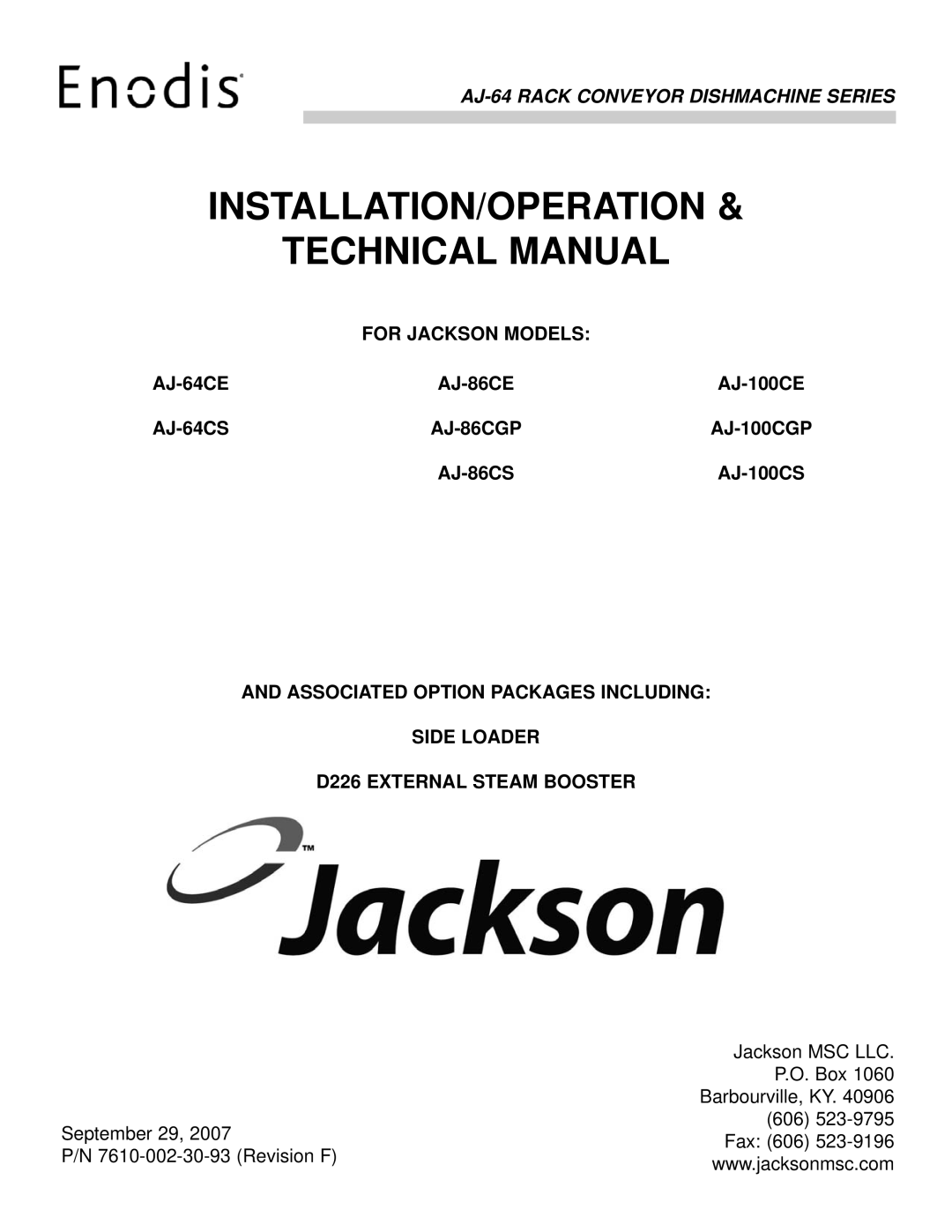 Jackson AJ-64CS, AJ-86CGP technical manual Installation/Operation Technical Manual, AJ-64 RACK CONVEYOR DISHMACHINE SERIES 