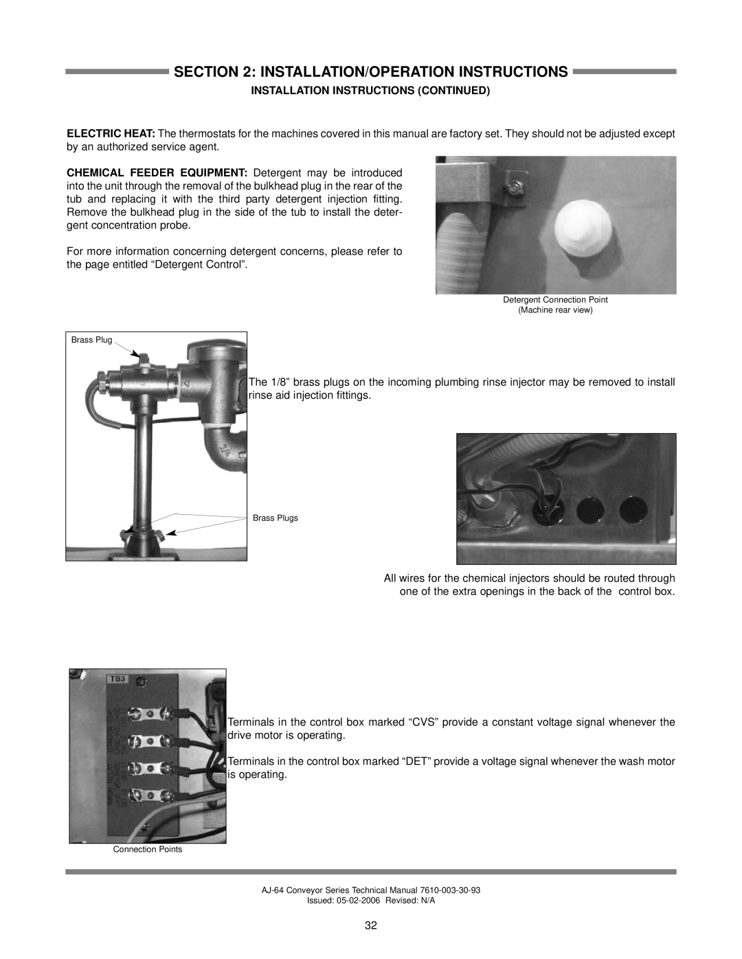 Jackson AJ-86CGP, AJ-64CS Installation Instructions Continued, Brass Plug, Detergent Connection Point Machine rear view 