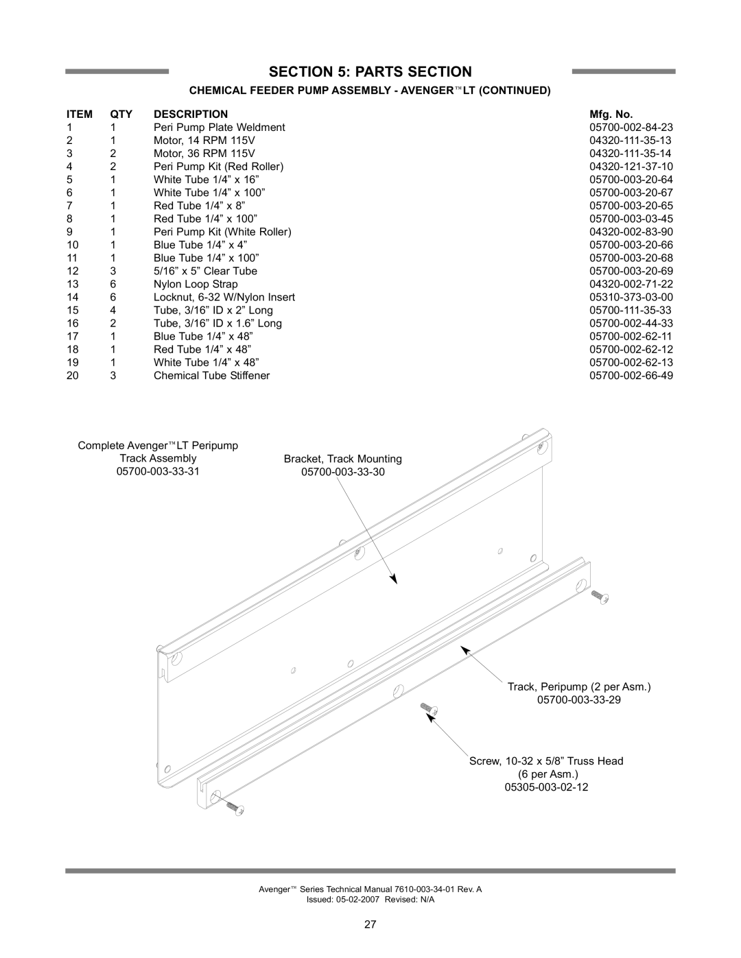 Jackson Avenger HT, Avenger LT technical manual Chemical Feeder Pump Assembly Avengerlt QTY Description 