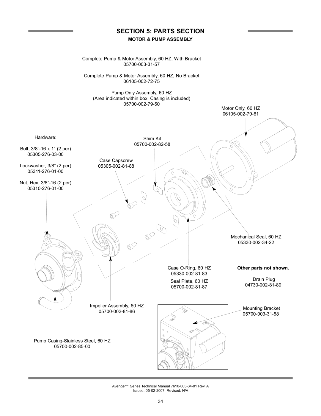 Jackson Avenger LT, Avenger HT technical manual Motor & Pump Assembly, Other parts not shown 