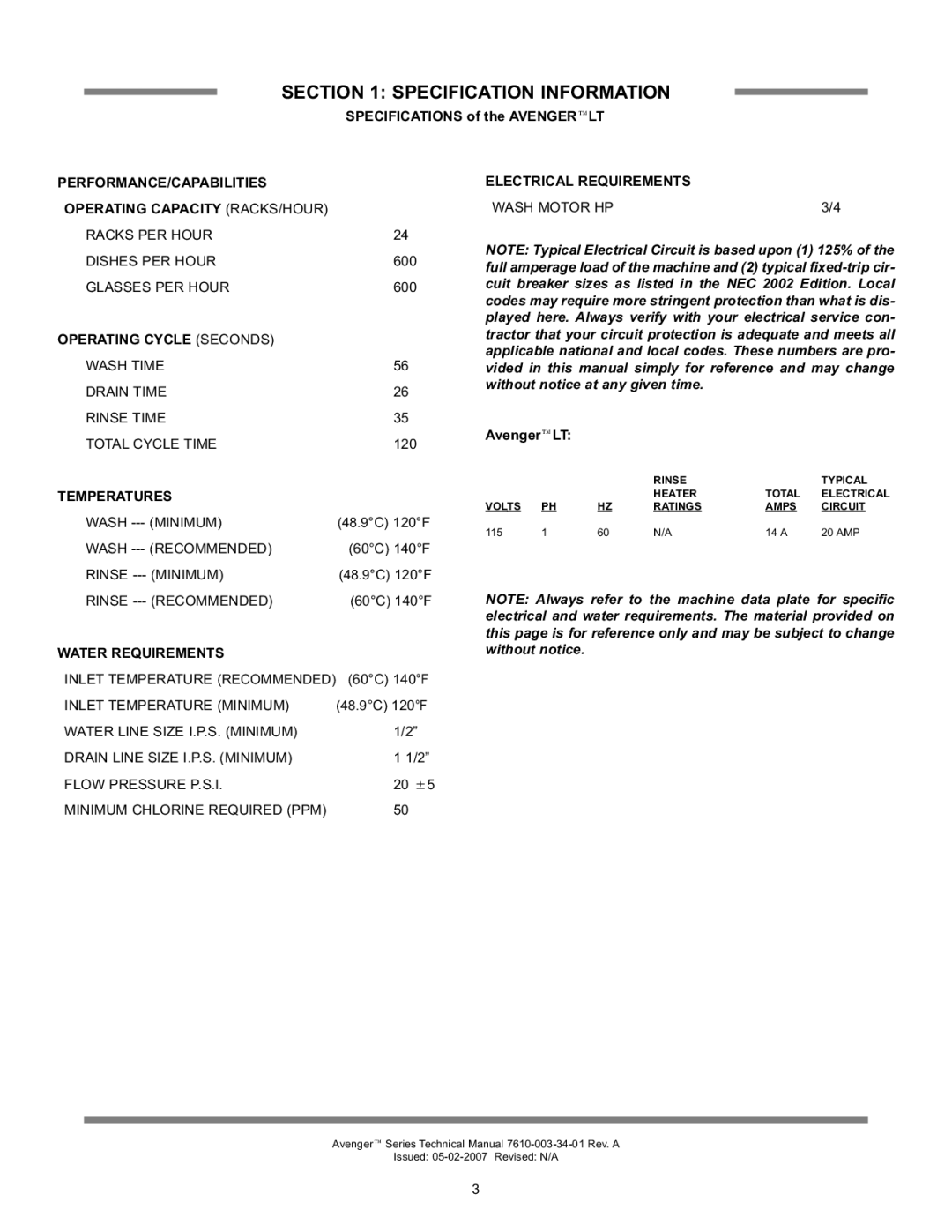 Jackson Avenger HT, Avenger LT Specifications of the Avengerlt, Operating Cycle Seconds Wash Time, AvengerLT 