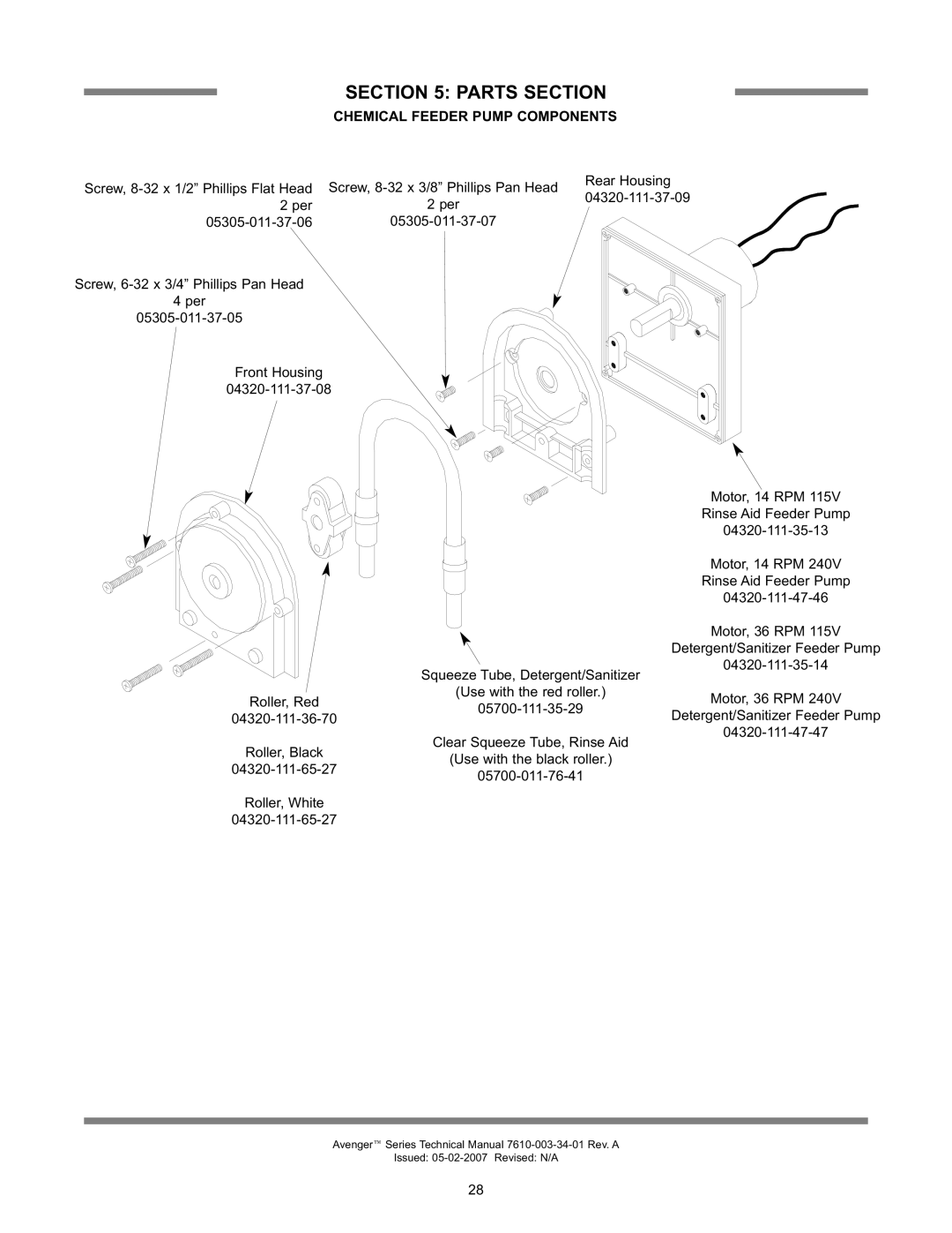 Jackson Avenger LT, Avenger HT technical manual Chemical Feeder Pump Components, Parts Section 