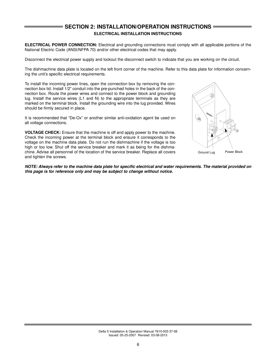 Jackson Chemical Sanitizing Dishmachine technical manual Electrical Installation Instructions 