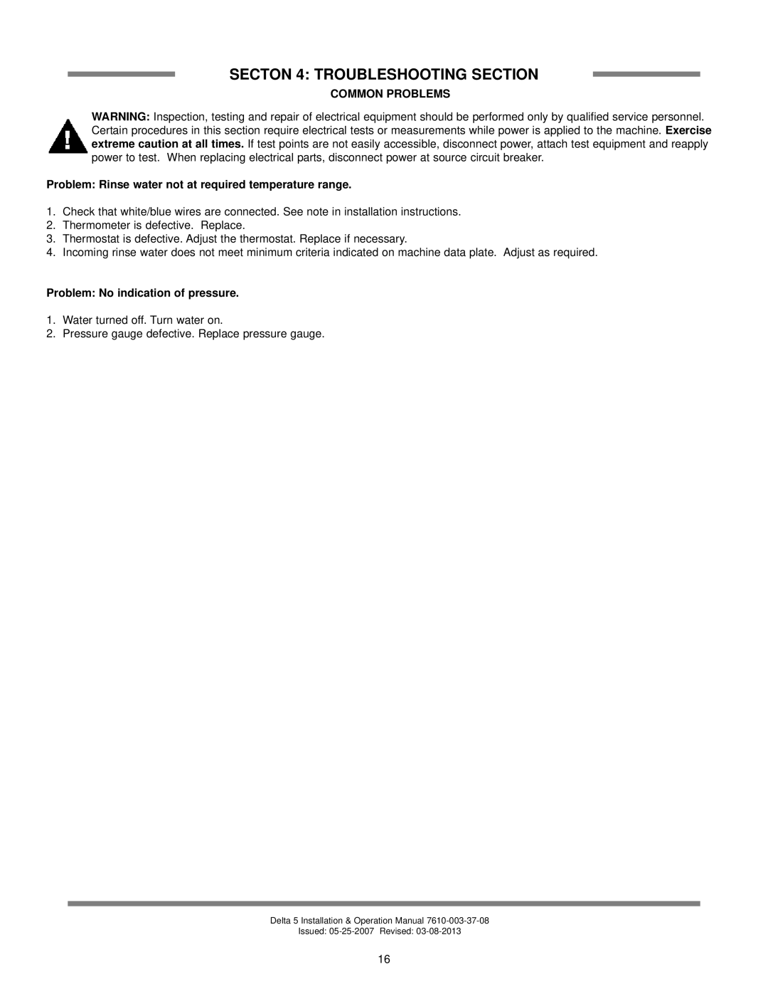 Jackson Chemical Sanitizing Dishmachine technical manual Secton 4 Troubleshooting Section 