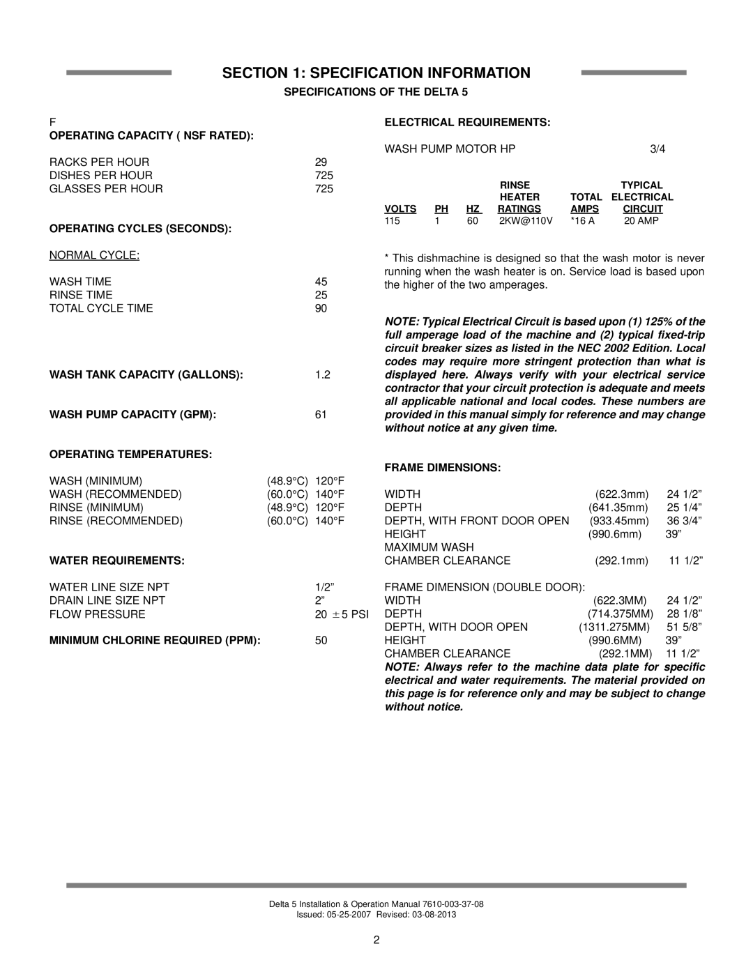 Jackson Chemical Sanitizing Dishmachine technical manual Specification Information 