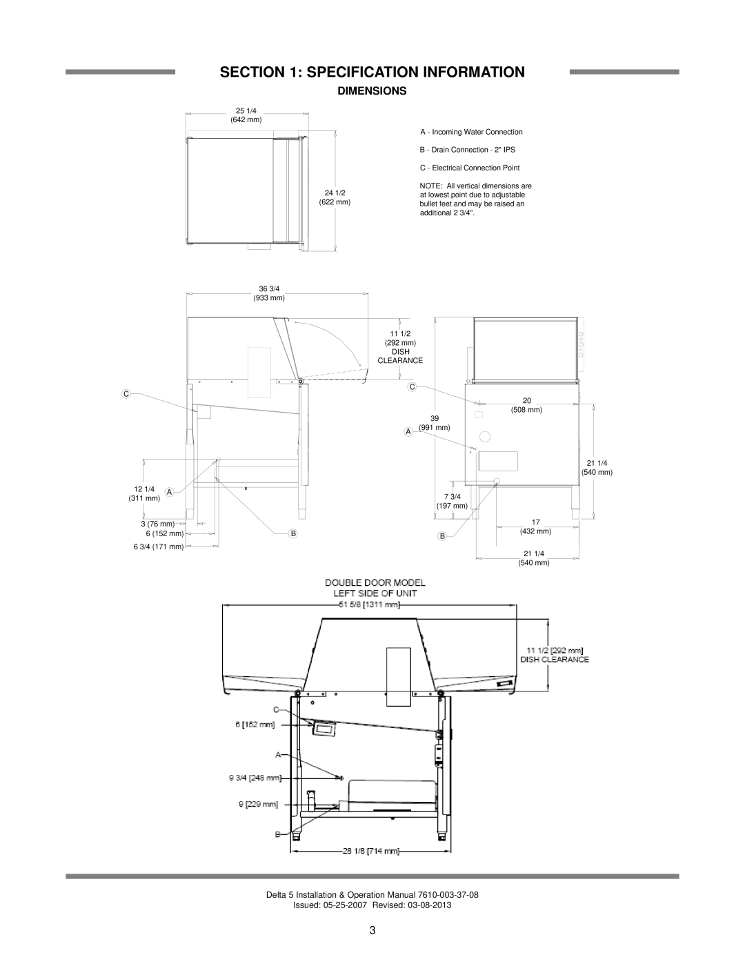 Jackson Chemical Sanitizing Dishmachine technical manual Specification Information, Dimensions 