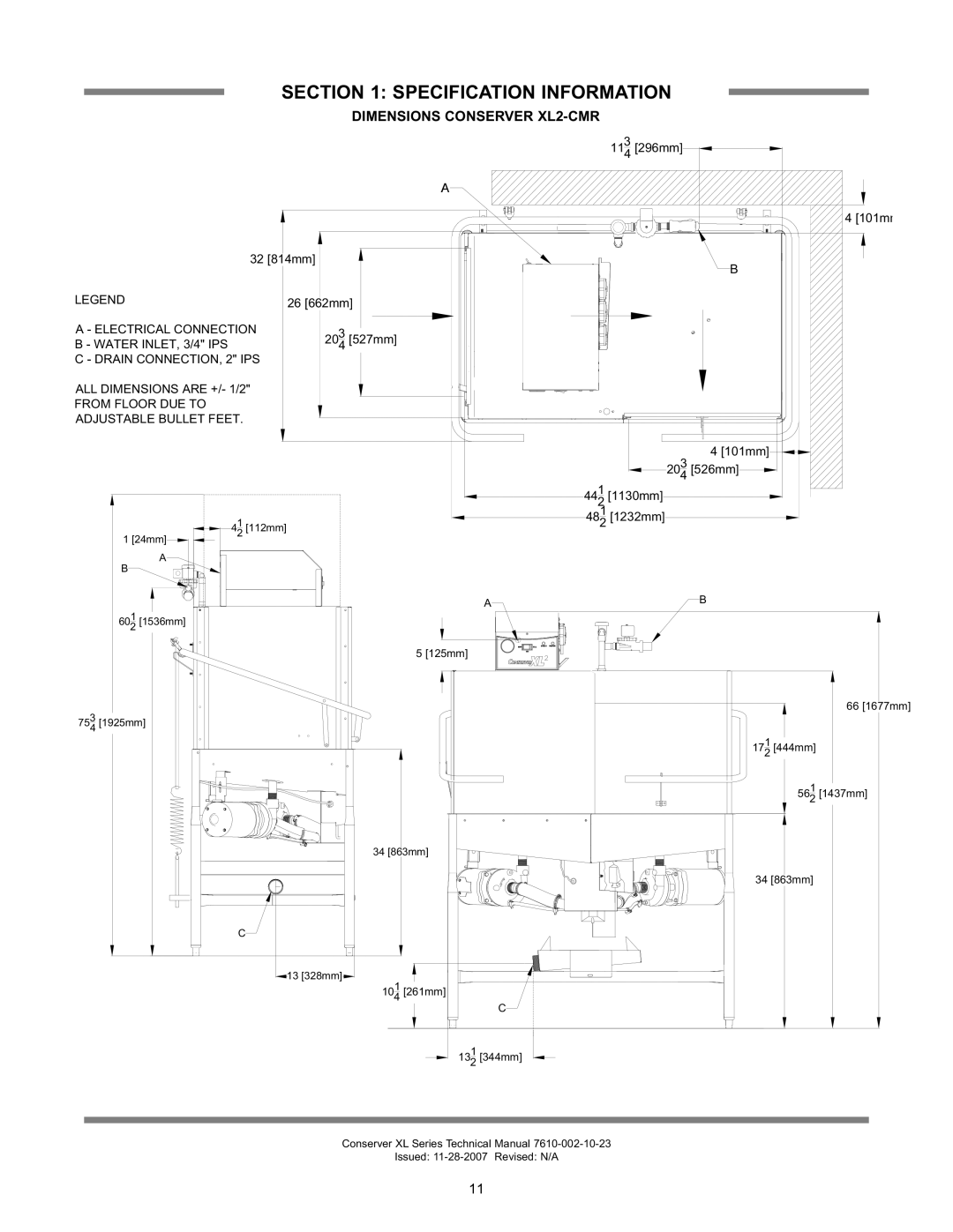 Jackson CONSERVER AXL2-CMR, CONSERVER XL2, CONSERVER AXL2-CML Dimensions Conserver XL2-CMR, 204 526mm 441 1130mm 481 1232mm 