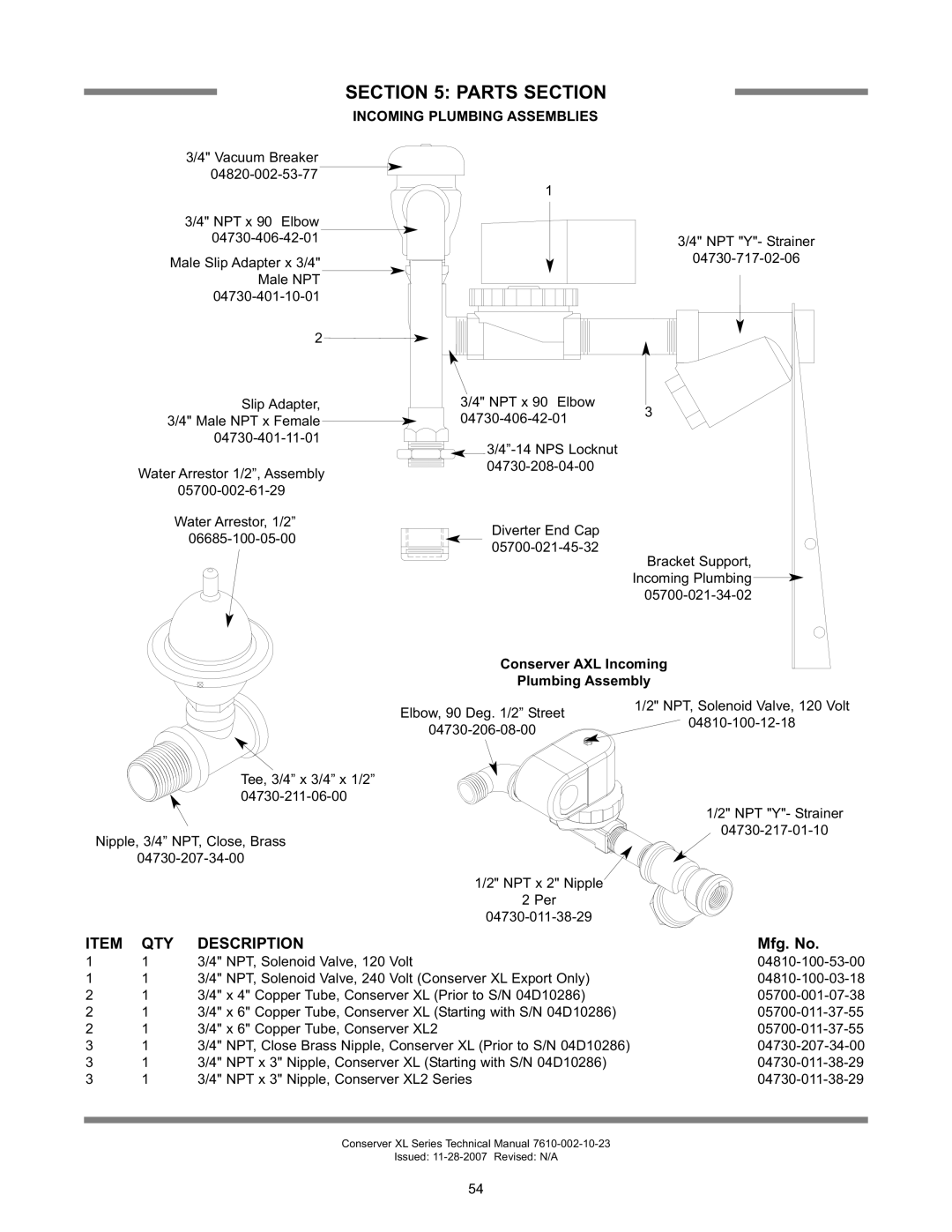 Jackson CONSERVER AXL2, CONSERVER XL2 Incoming Plumbing Assemblies, Conserver AXL Incoming, Plumbing Assembly 