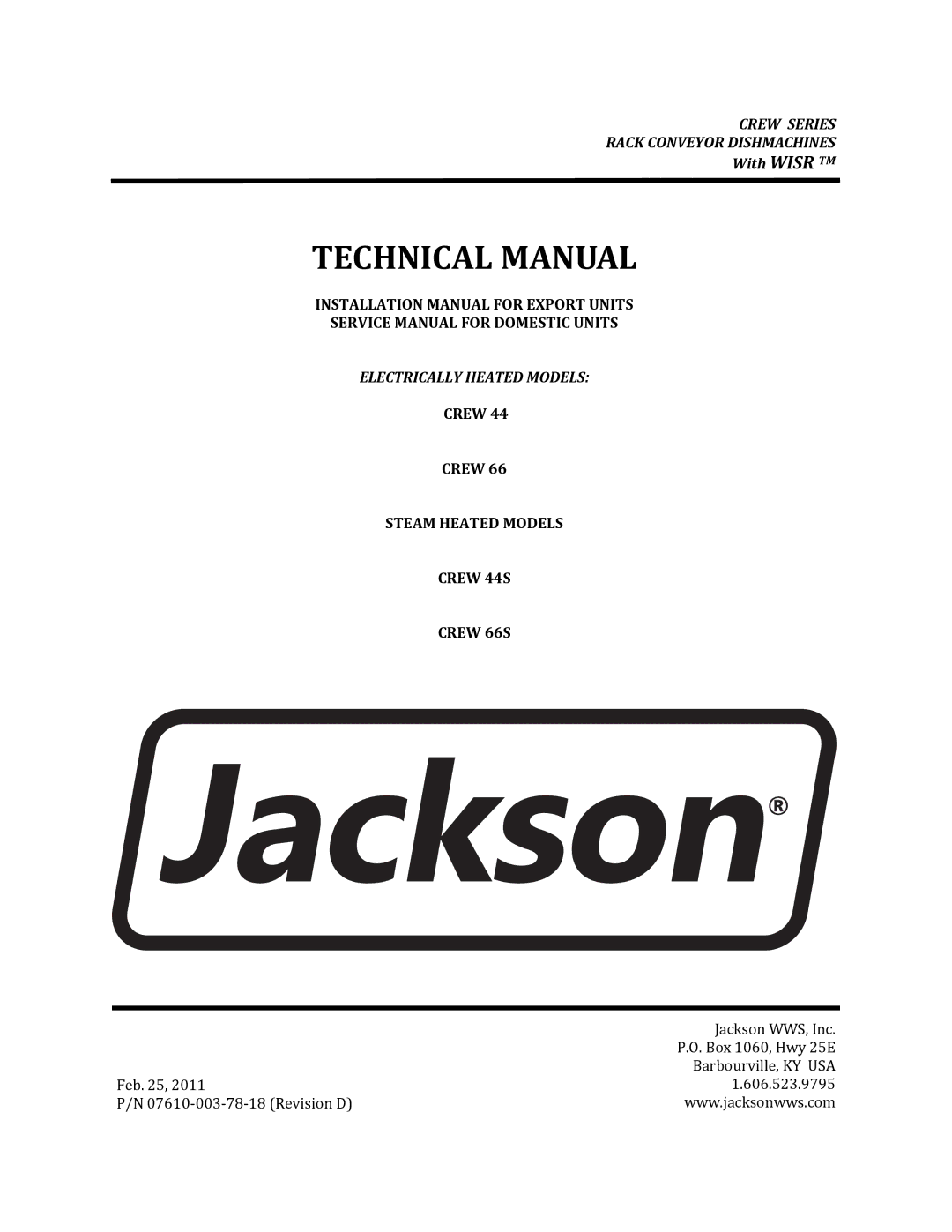 Jackson CREW 44S, CREW 66S manual Installation Manual for Export Units, Crew Steam Heated Models Crew 44S Crew 66S 