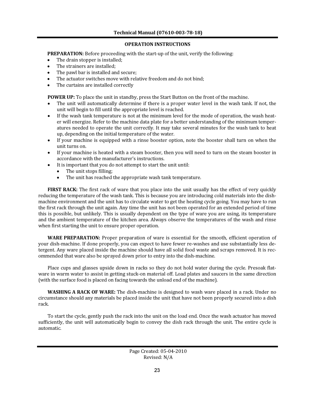 Jackson CREW 66S, CREW 44S, CREW SERIES	 RACK CONVEYOR	DISHMACHINES manual Operation Instructions 