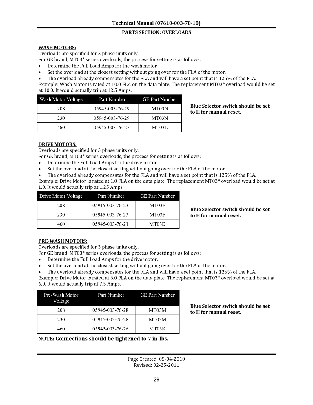 Jackson CREW SERIES	 RACK CONVEYOR	DISHMACHINES manual Parts Section Overloads Wash Motors, Drive Motors, PRE‐WASH Motors 