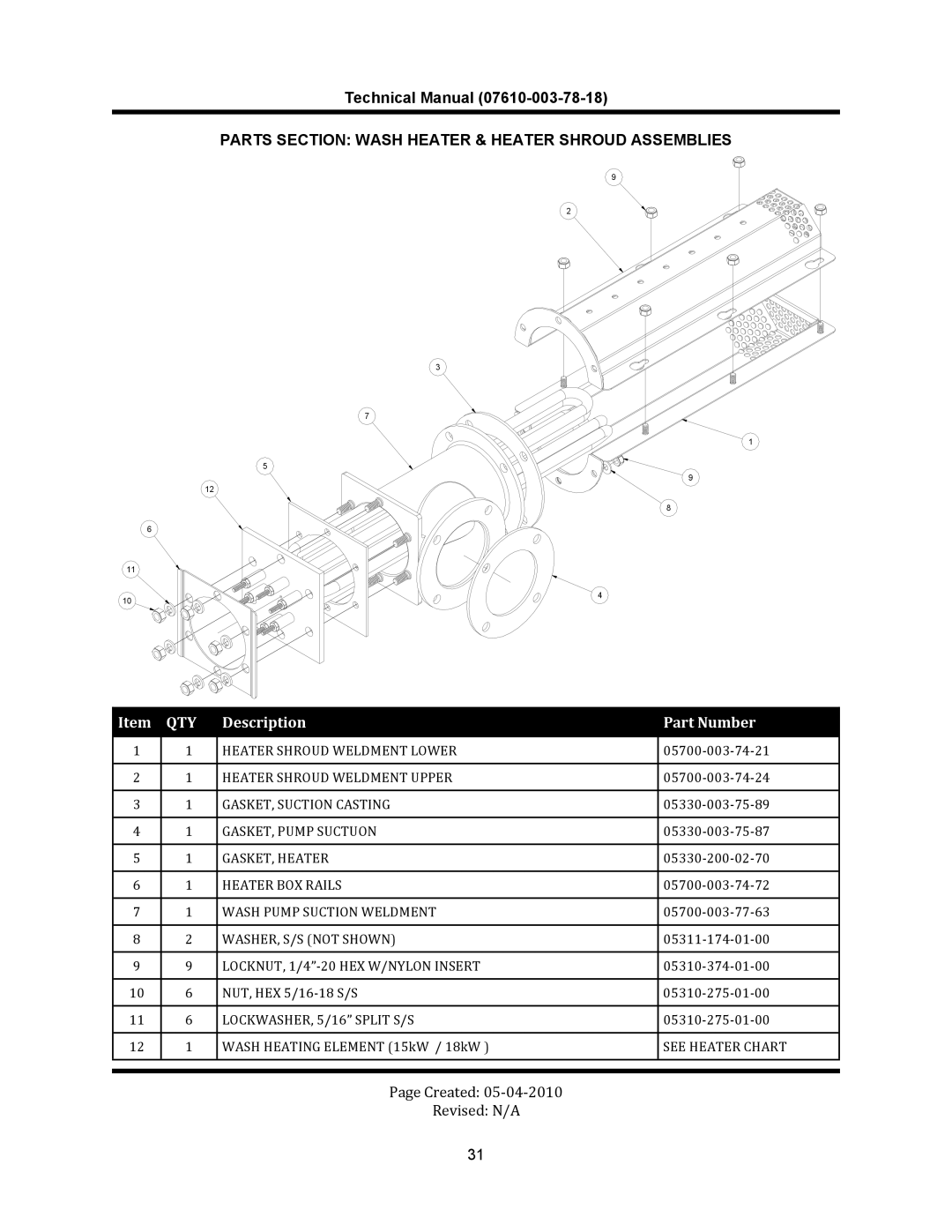 Jackson CREW 44S, CREW 66S, CREW SERIES	 RACK CONVEYOR	DISHMACHINES Parts Section Wash Heater & Heater Shroud Assemblies 