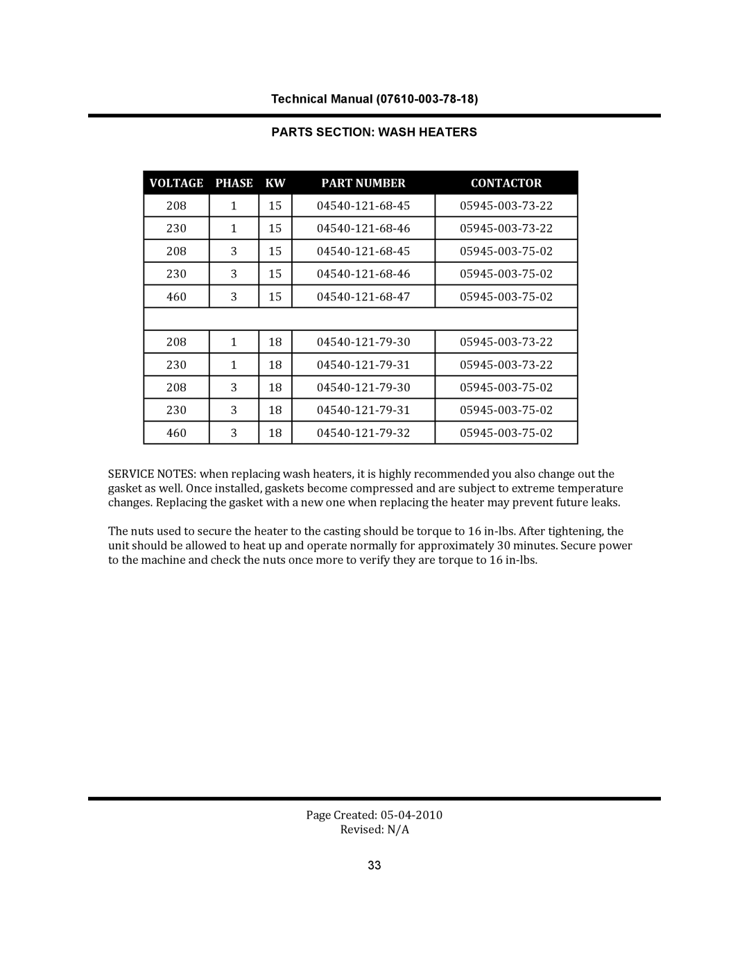 Jackson CREW 66S, CREW 44S manual Parts Section Wash Heaters, Voltage Phase Part Number Contactor 