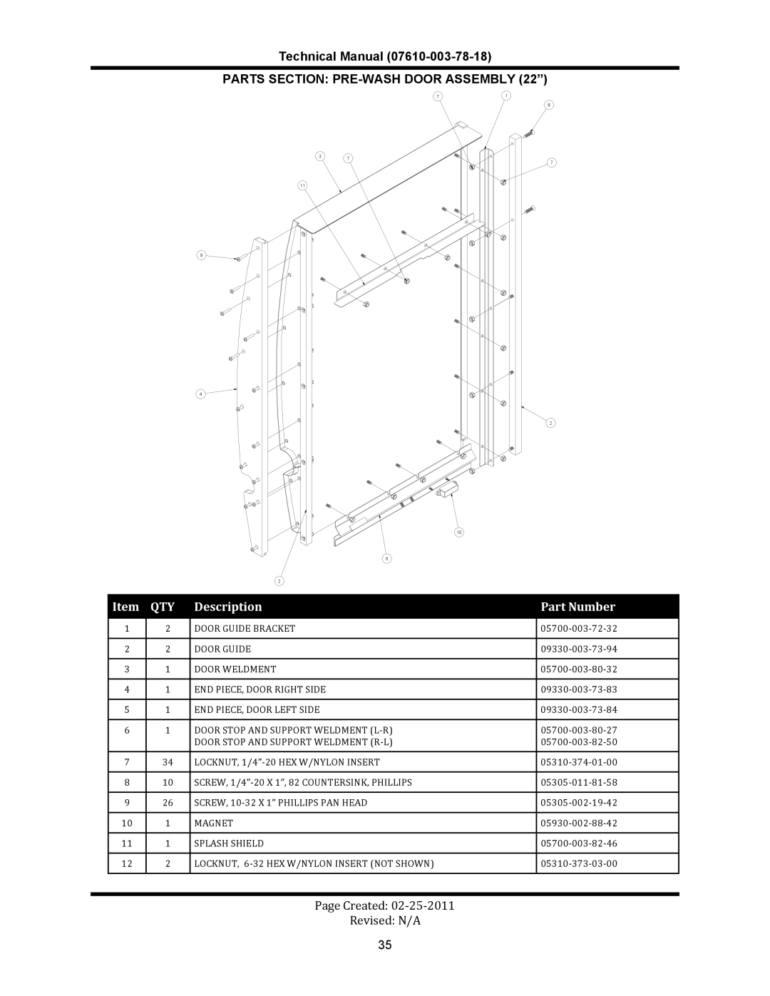 Jackson CREW 66S, CREW 44S, CREW SERIES	 RACK CONVEYOR	DISHMACHINES manual Parts Section PRE-WASH Door Assembly 