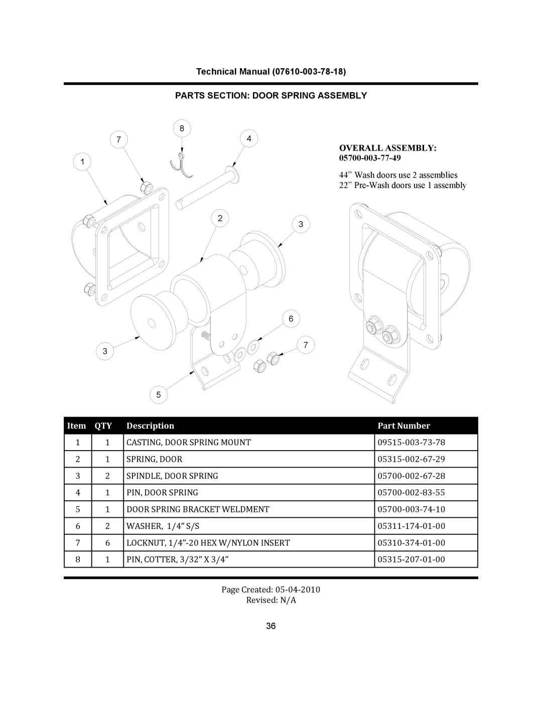 Jackson CREW 44S, CREW 66S, CREW SERIES	 RACK CONVEYOR	DISHMACHINES Parts Section Door Spring Assembly, Overall Assembly 