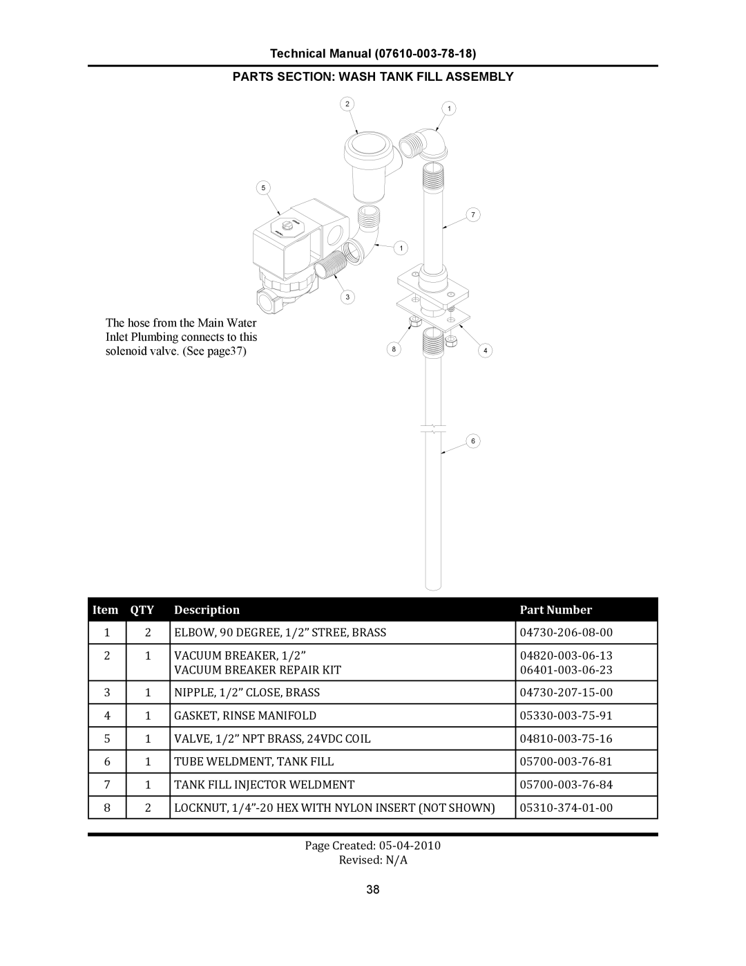 Jackson CREW 66S, CREW 44S, CREW SERIES	 RACK CONVEYOR	DISHMACHINES manual Parts Section Wash Tank Fill Assembly 