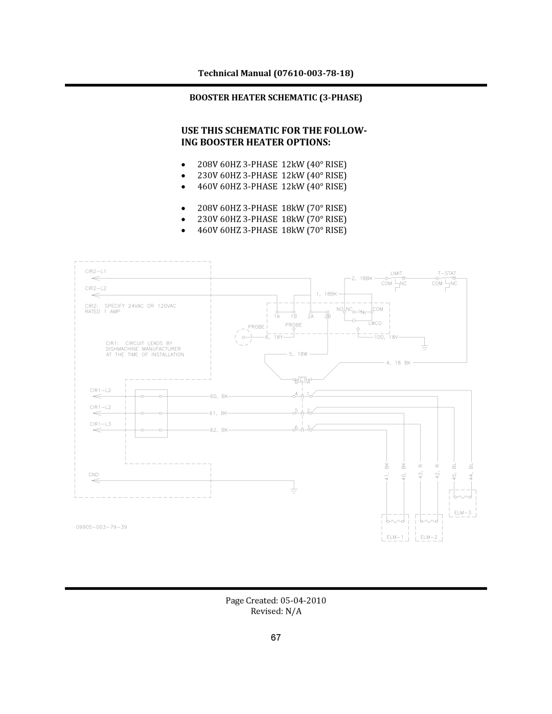 Jackson CREW 66S, CREW 44S, CREW SERIES	 RACK CONVEYOR	DISHMACHINES manual Booster Heater Schematic 3‐PHASE 