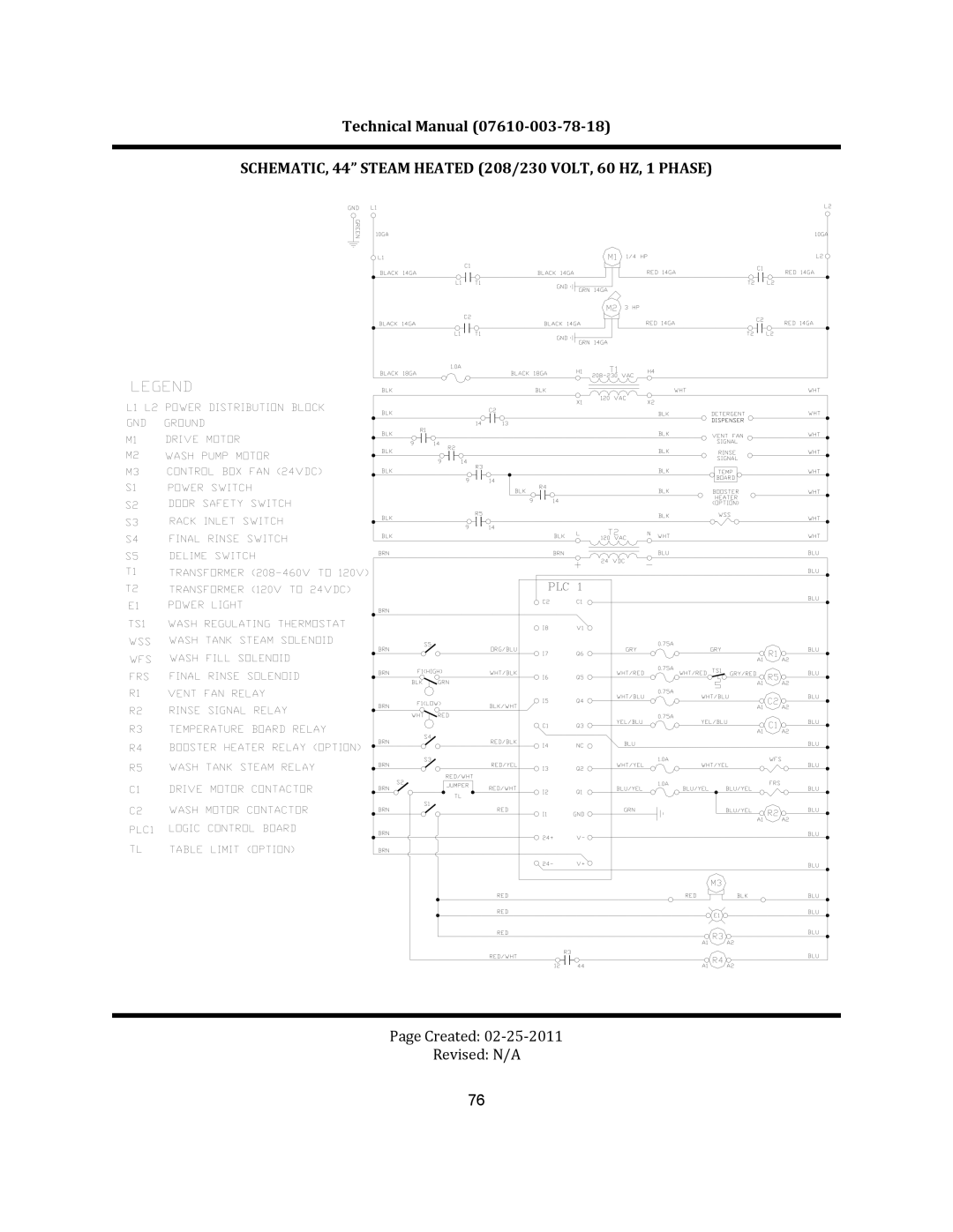 Jackson CREW 44S, CREW 66S, CREW SERIES	 RACK CONVEYOR	DISHMACHINES SCHEMATIC, 44 Steam Heated 208/230 VOLT, 60 HZ, 1 Phase 