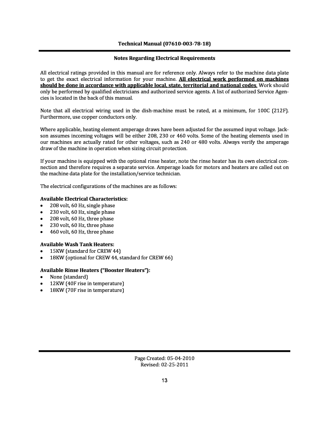 Jackson CREW 66 Technical Manual 07610‐003‐78‐18, Notes Regarding Electrical Requirements, Available Wash Tank Heaters 