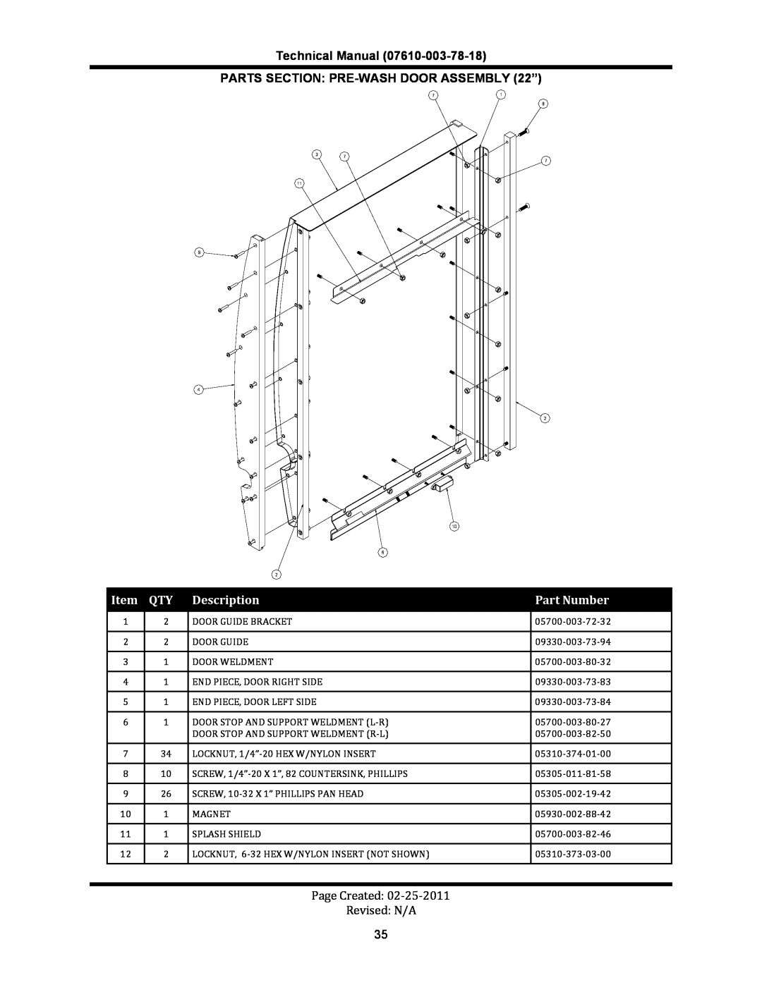 Jackson CREW 66S, CREW 44S manual Technical Manual PARTS SECTION PRE-WASH DOOR ASSEMBLY 22”, Description, Part Number 
